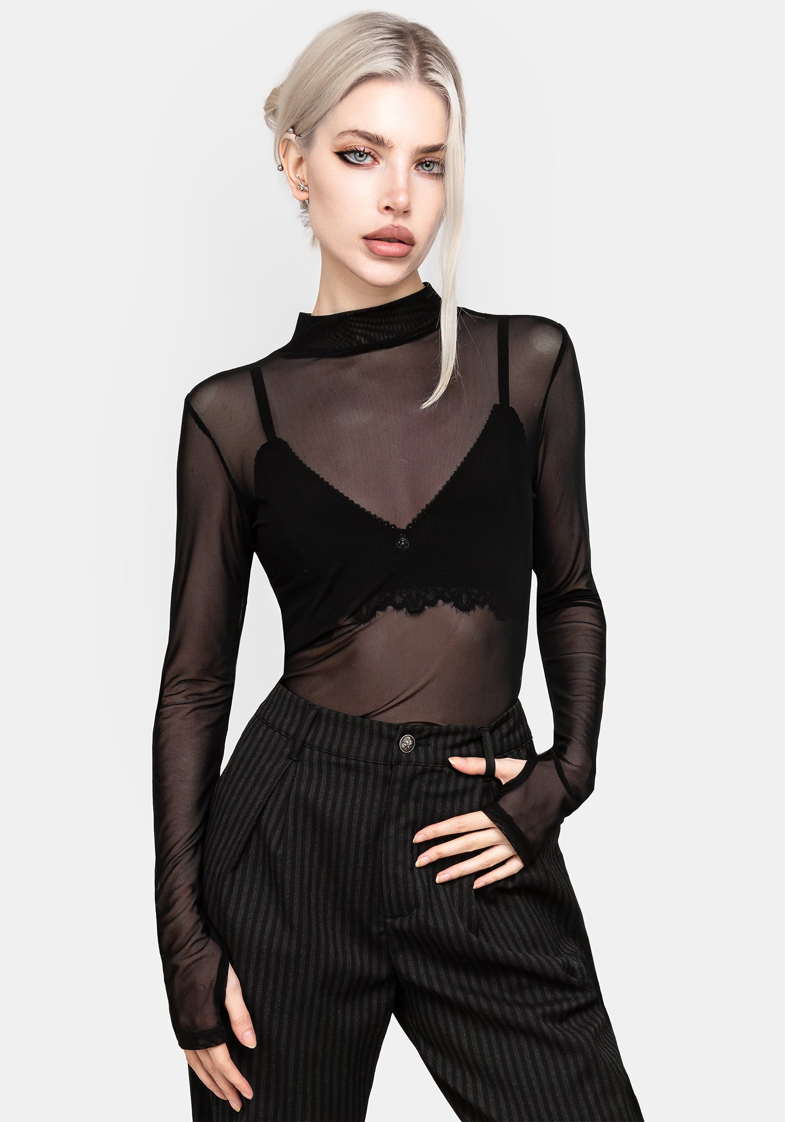 Black Mesh High Neck Long Sleeve Top with Thumb Holes | Necrosis