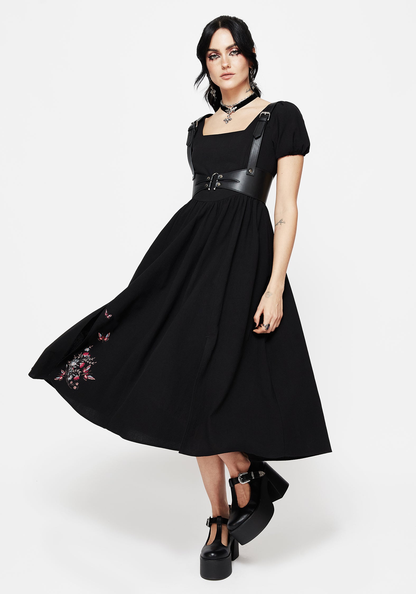 Black Embroidered Cotton Midi Dress with Puff Sleeves & Side Pockets | Copia Moth