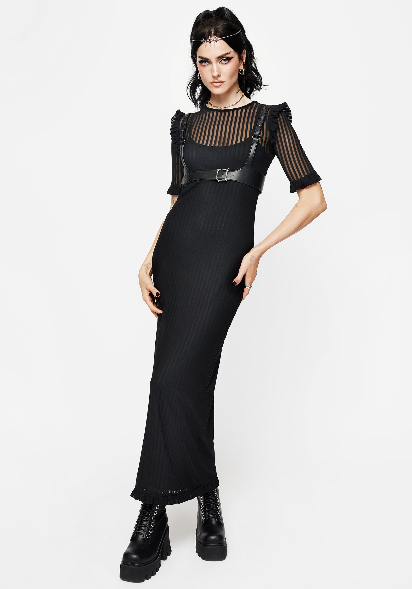 Black Mesh Maxi Dress with Ruffle Details & Slim Fit | Modest Slip Dress
