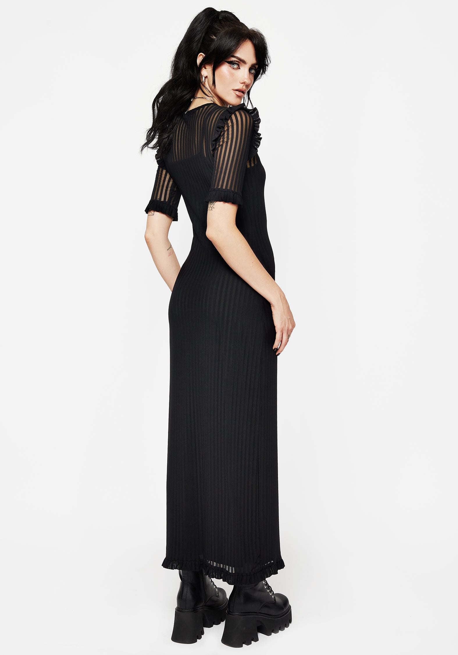 Black Mesh Maxi Dress with Ruffle Details & Slim Fit | Modest Slip Dress