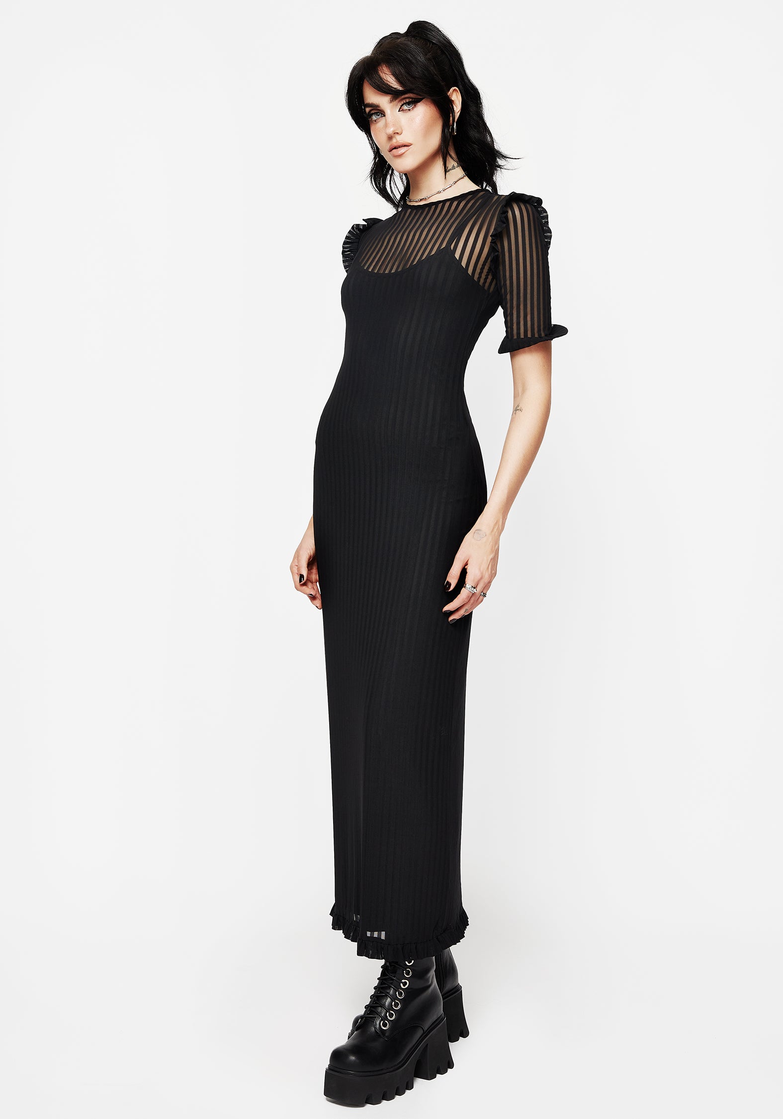 Black Mesh Maxi Dress with Ruffle Details & Slim Fit | Modest Slip Dress