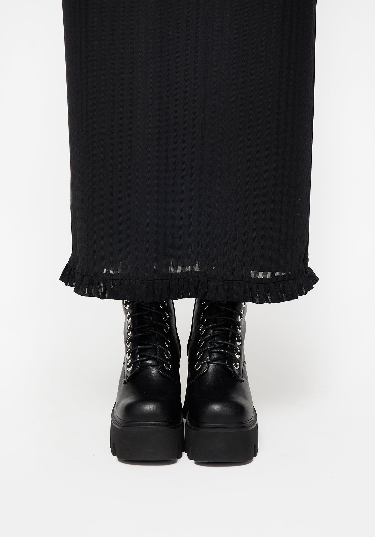 Black Mesh Maxi Dress with Ruffle Details & Slim Fit | Modest Slip Dress