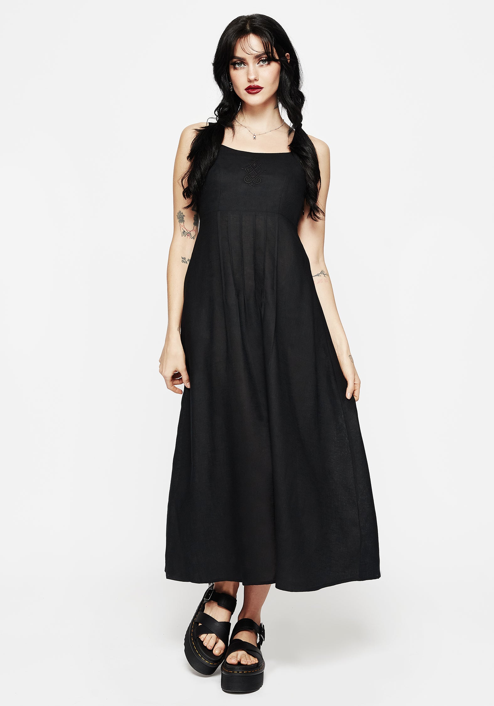 Black Embroidered Midaxi Dress with Pockets & Shirred Back | Merrymount