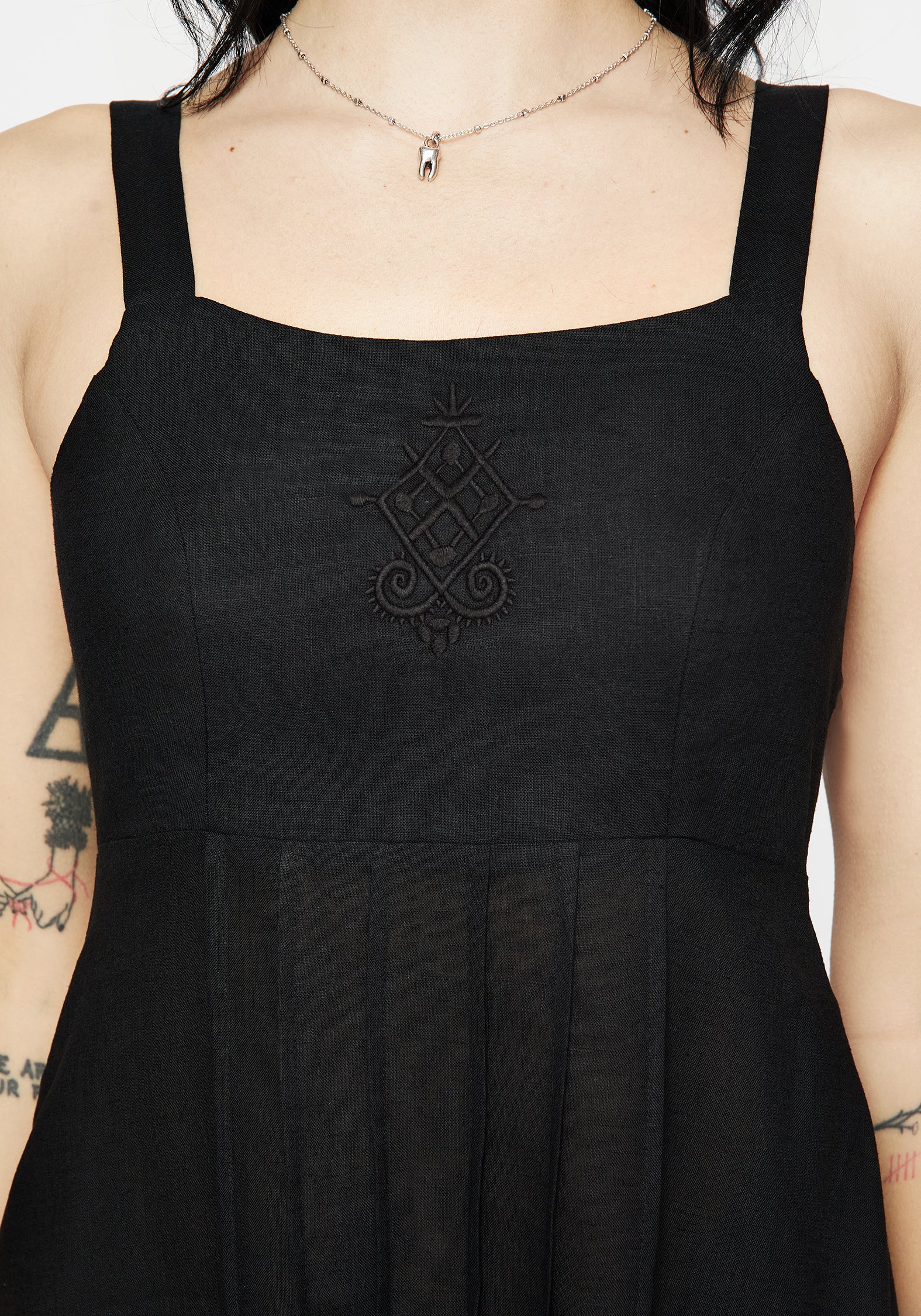 Black Embroidered Midaxi Dress with Pockets & Shirred Back | Merrymount