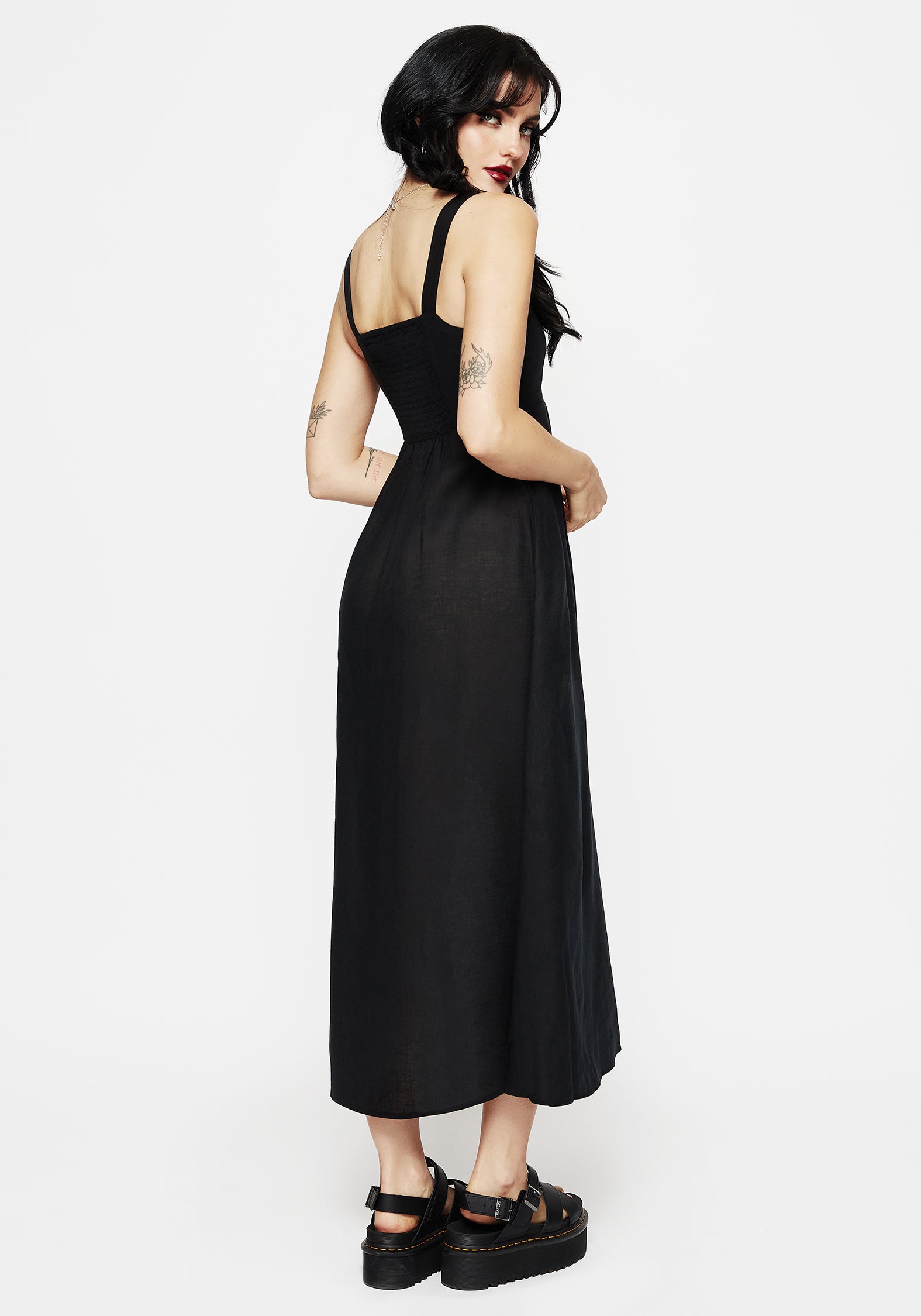 Black Embroidered Midaxi Dress with Pockets & Shirred Back | Merrymount