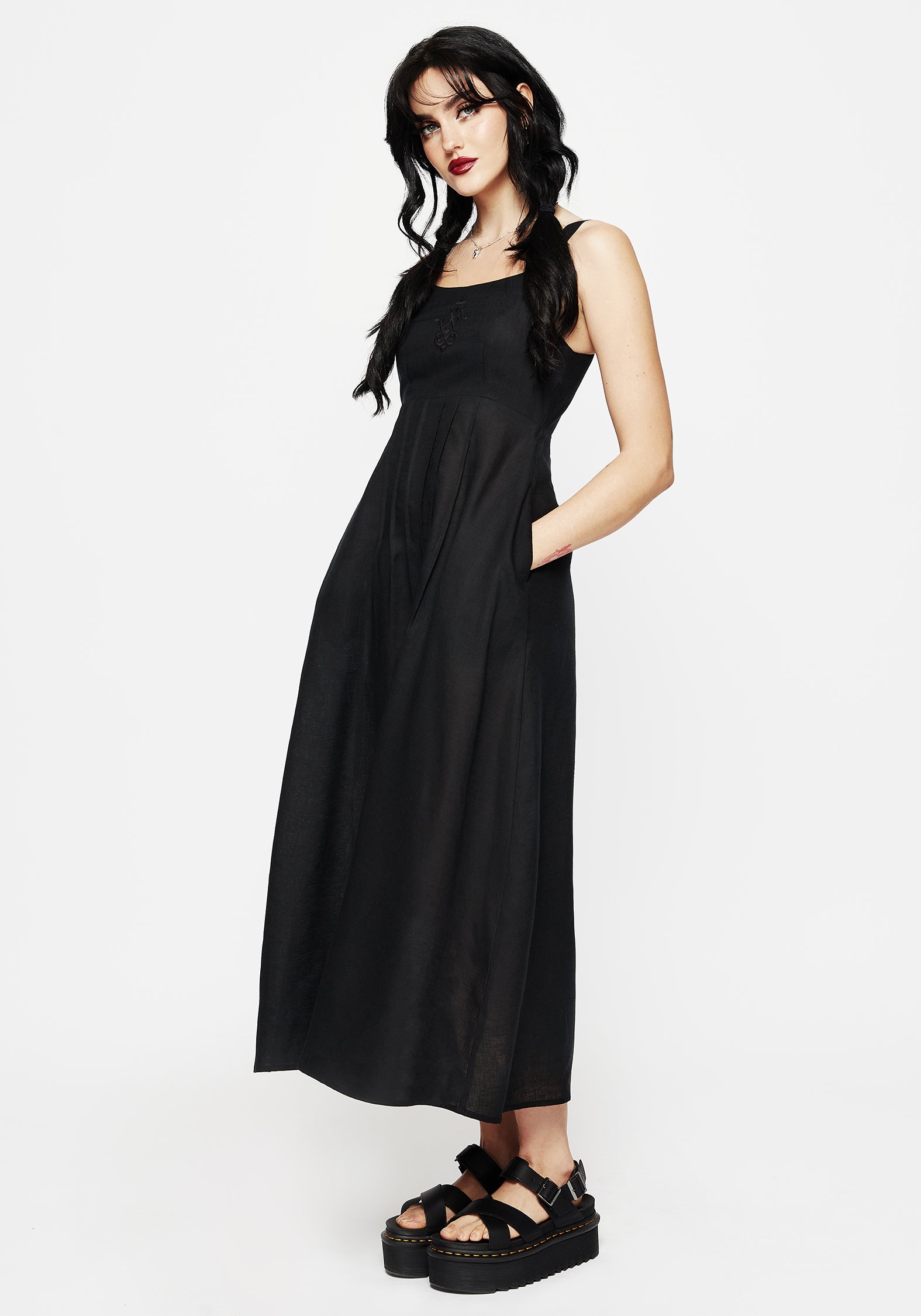 Black Embroidered Midaxi Dress with Pockets & Shirred Back | Merrymount