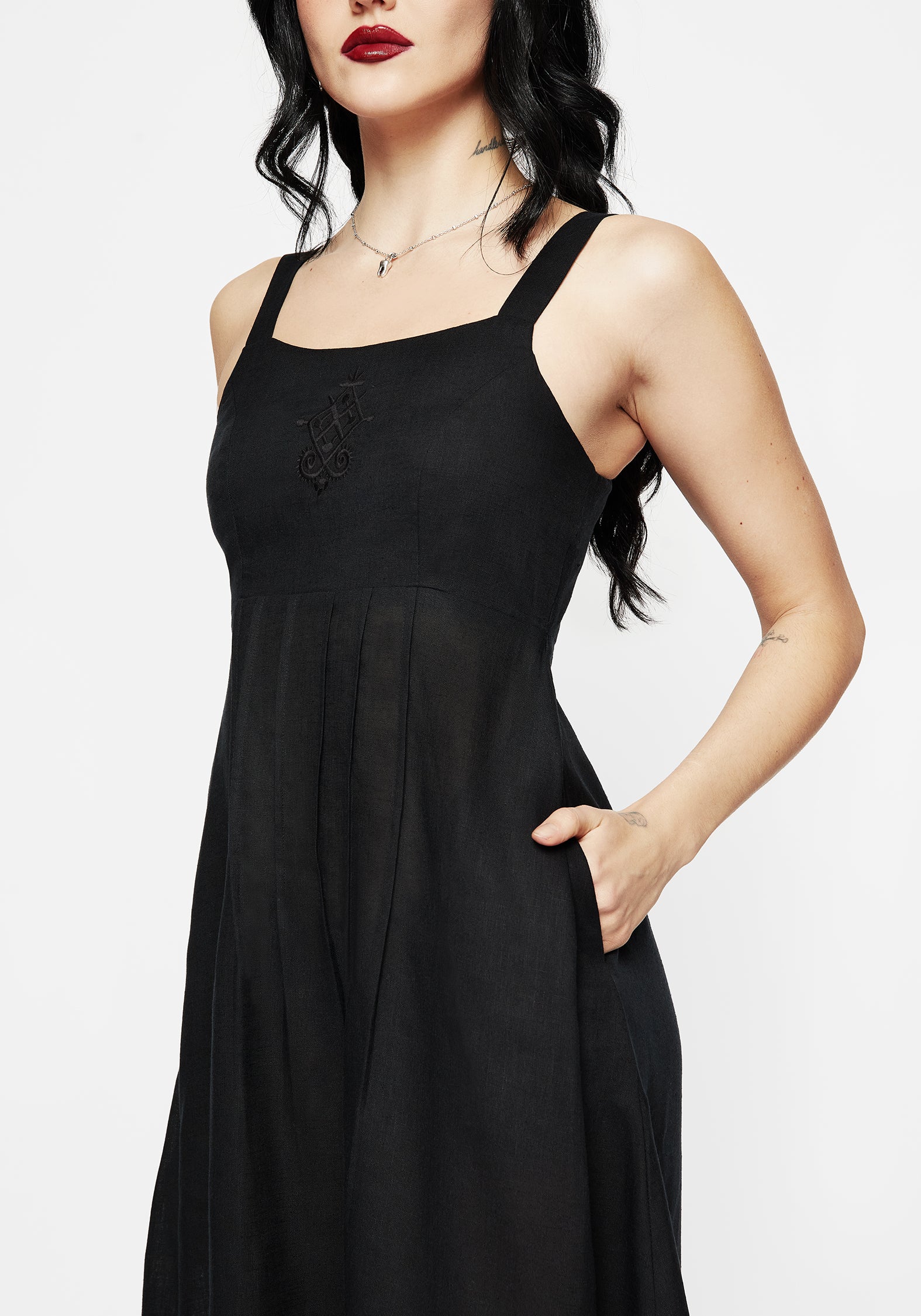 Black Embroidered Midaxi Dress with Pockets & Shirred Back | Merrymount