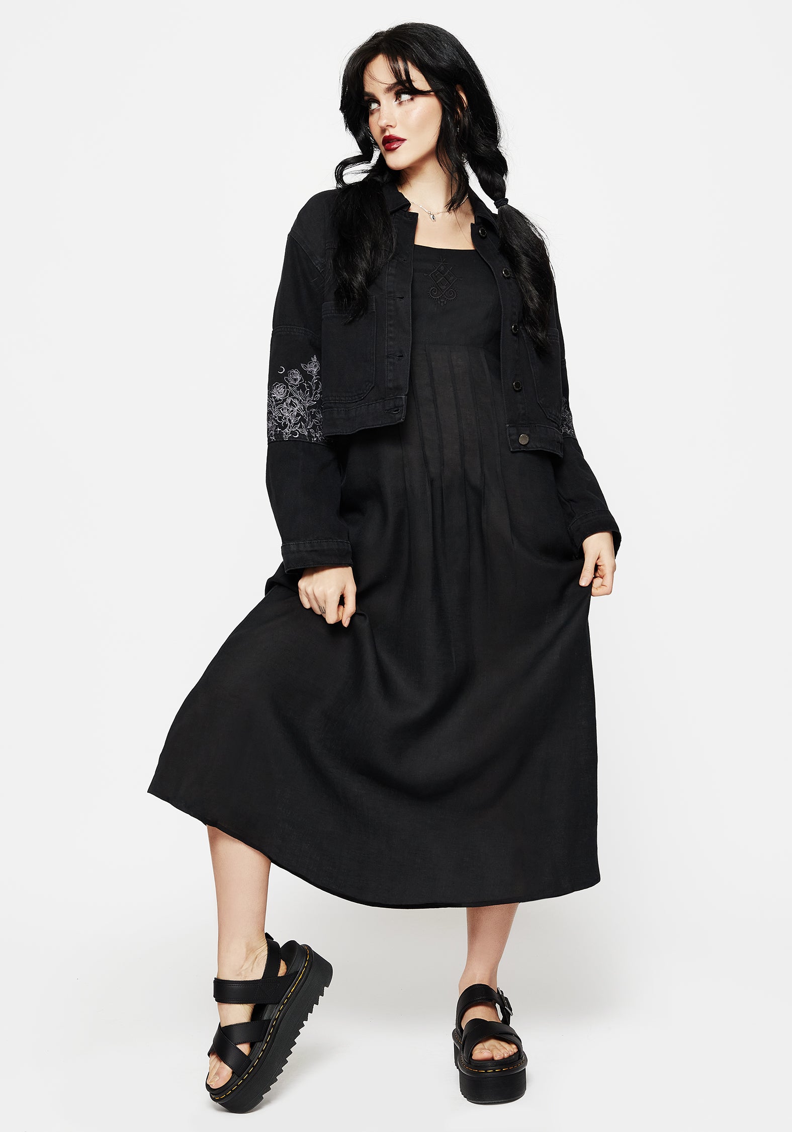 Black Embroidered Midaxi Dress with Pockets & Shirred Back | Merrymount