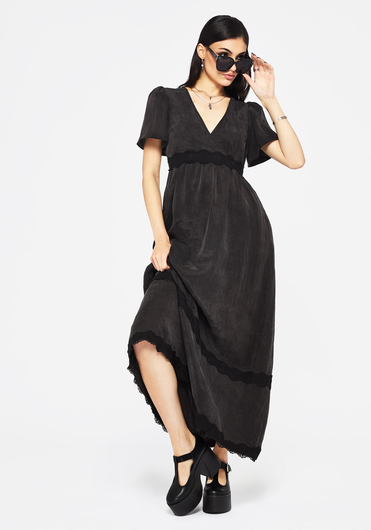 Black Lyocell Lace Maxi Dress with V-Neck & Angel Sleeves | Maeve