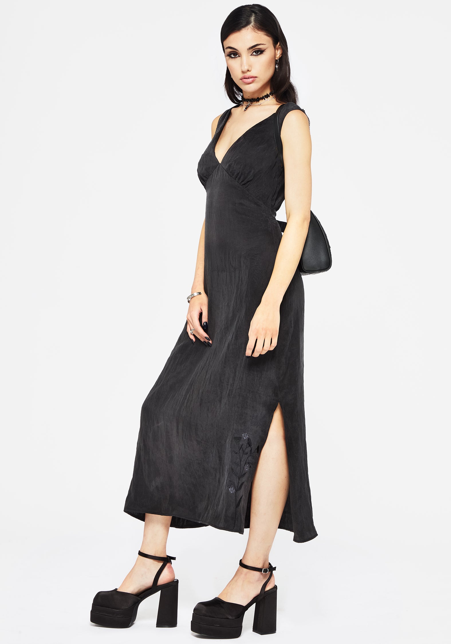 Floral Embroidered Lyocell Maxi Dress with V-Neck & Leg Split | Maeve