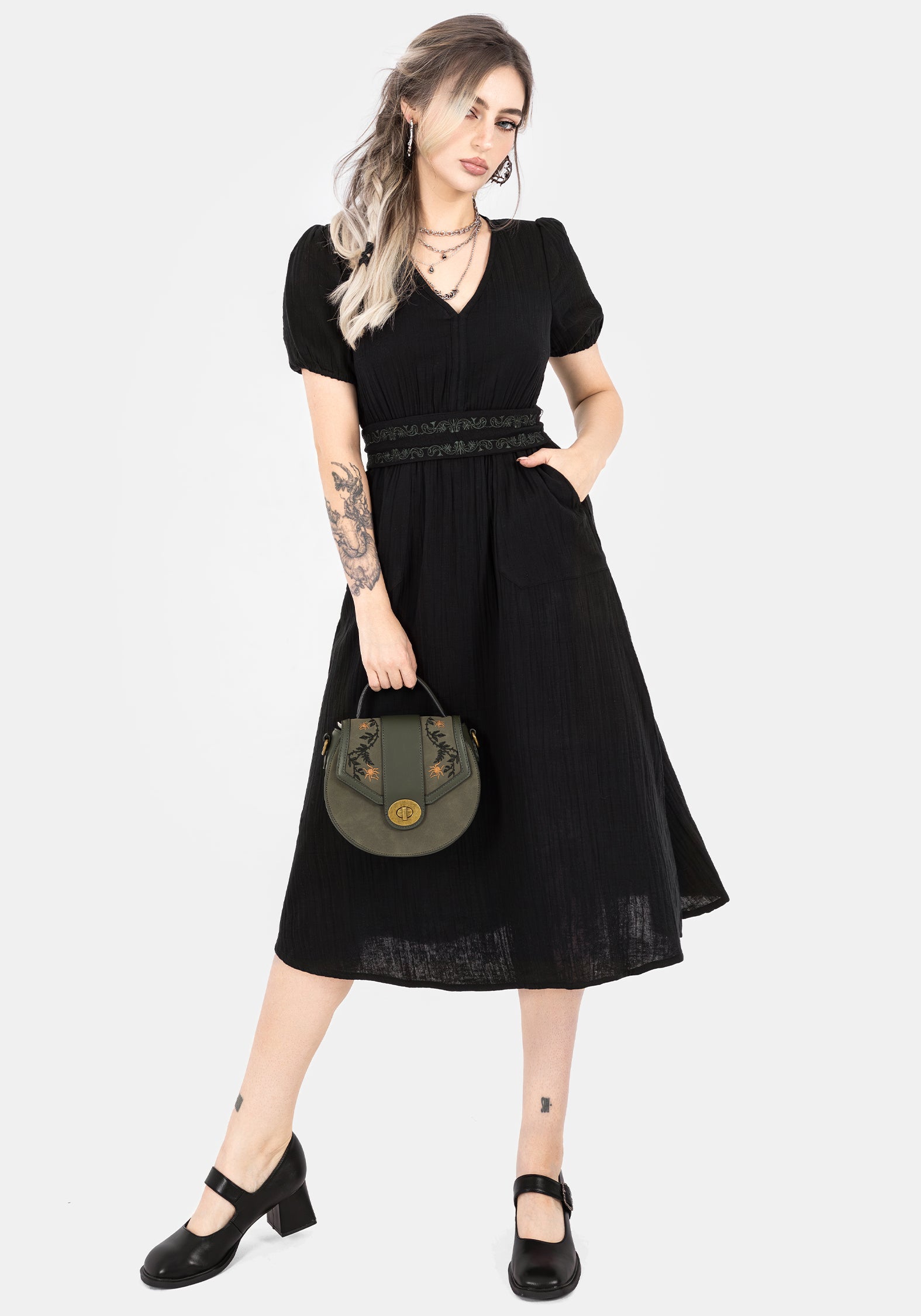 Black Embroidered Cotton Midi Dress with Belt & Pockets | Poultice