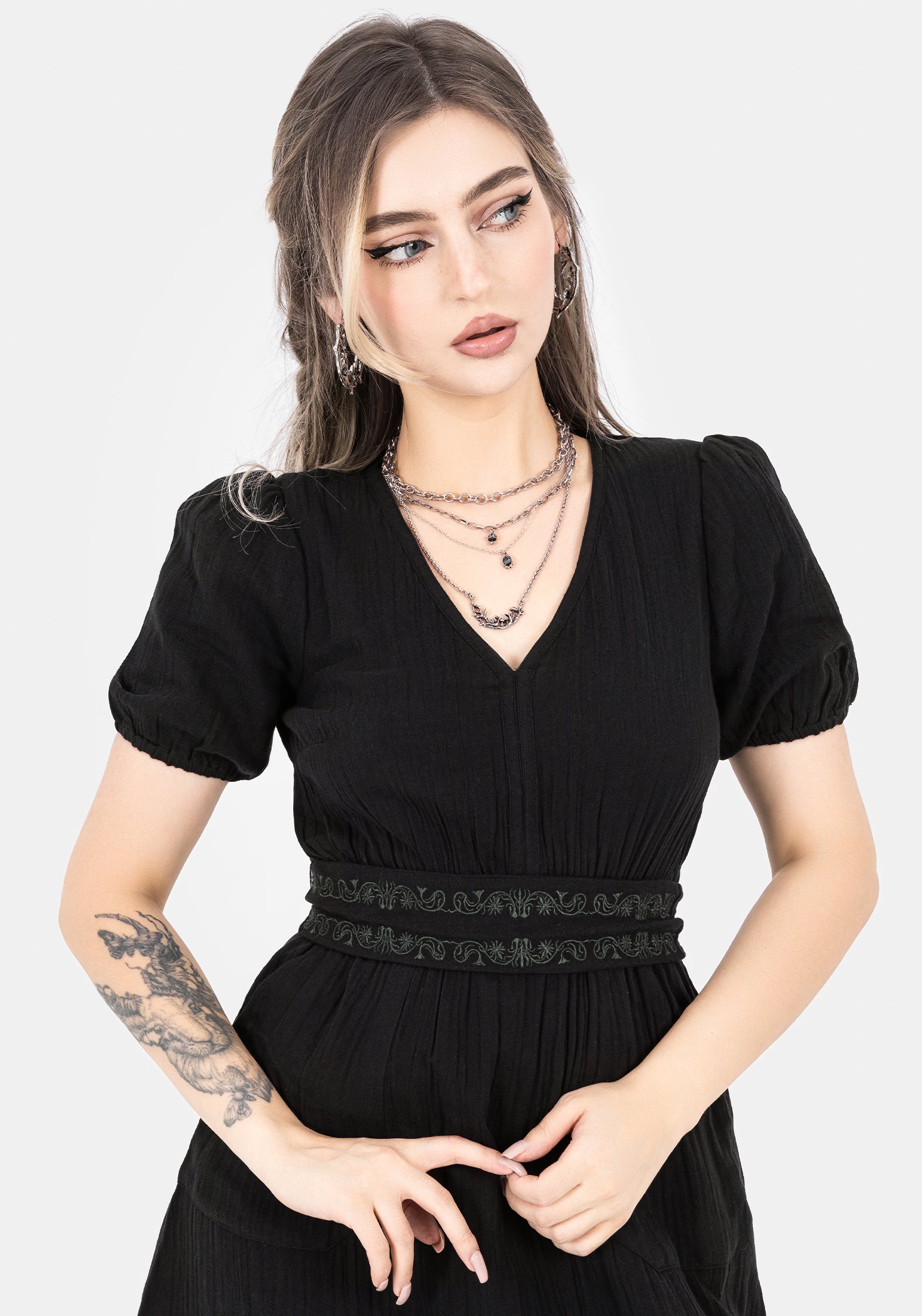 Black Embroidered Cotton Midi Dress with Belt & Pockets | Poultice