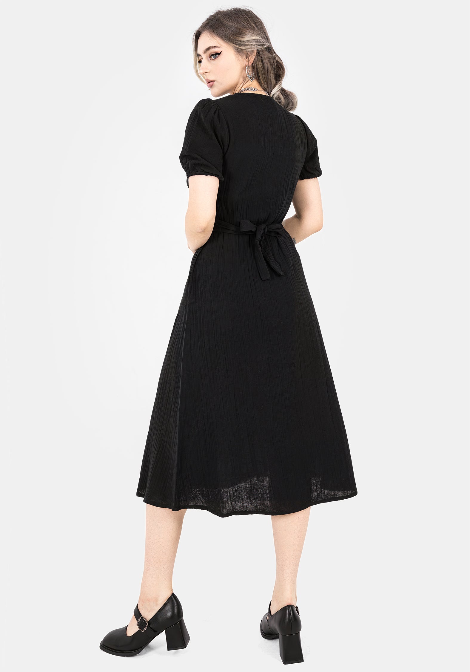 Black Embroidered Cotton Midi Dress with Belt & Pockets | Poultice