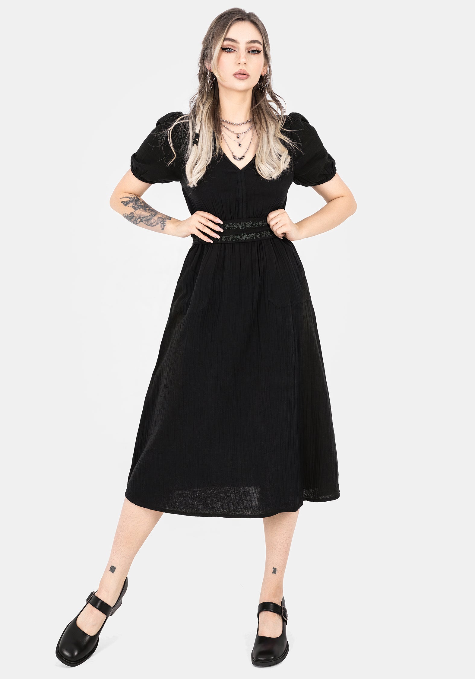 Black Embroidered Cotton Midi Dress with Belt & Pockets | Poultice