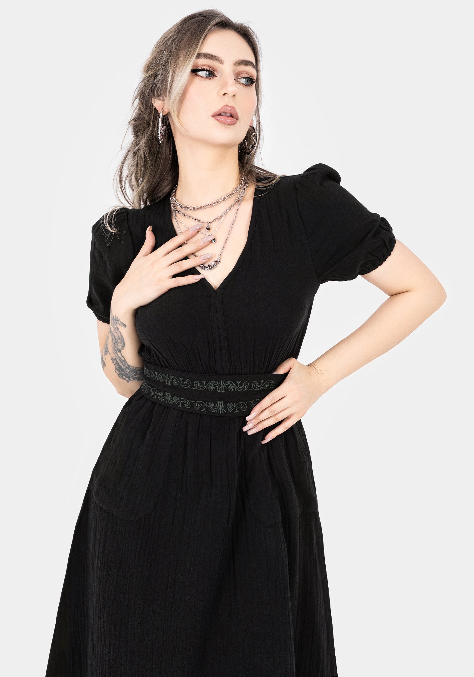 Black Embroidered Cotton Midi Dress with Belt & Pockets | Poultice