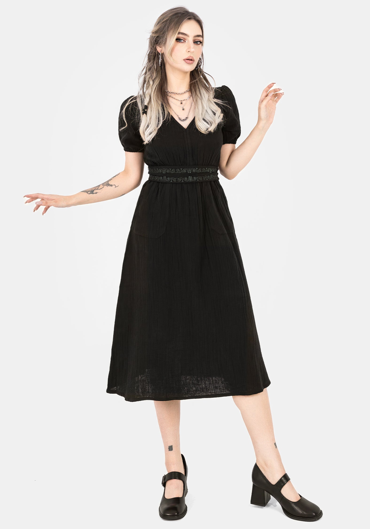 Black Embroidered Cotton Midi Dress with Belt & Pockets | Poultice