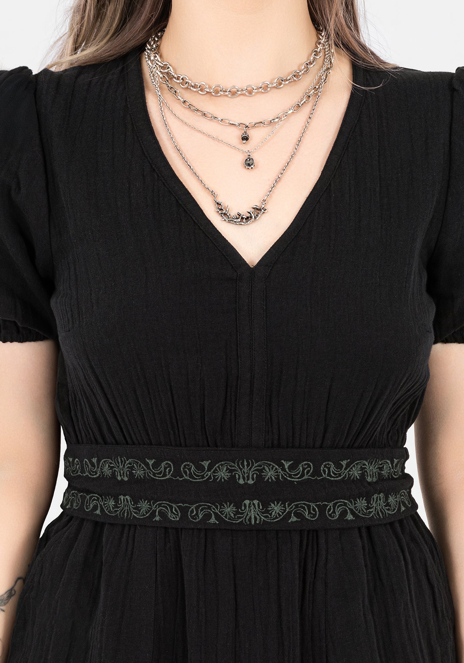 Black Embroidered Cotton Midi Dress with Belt & Pockets | Poultice