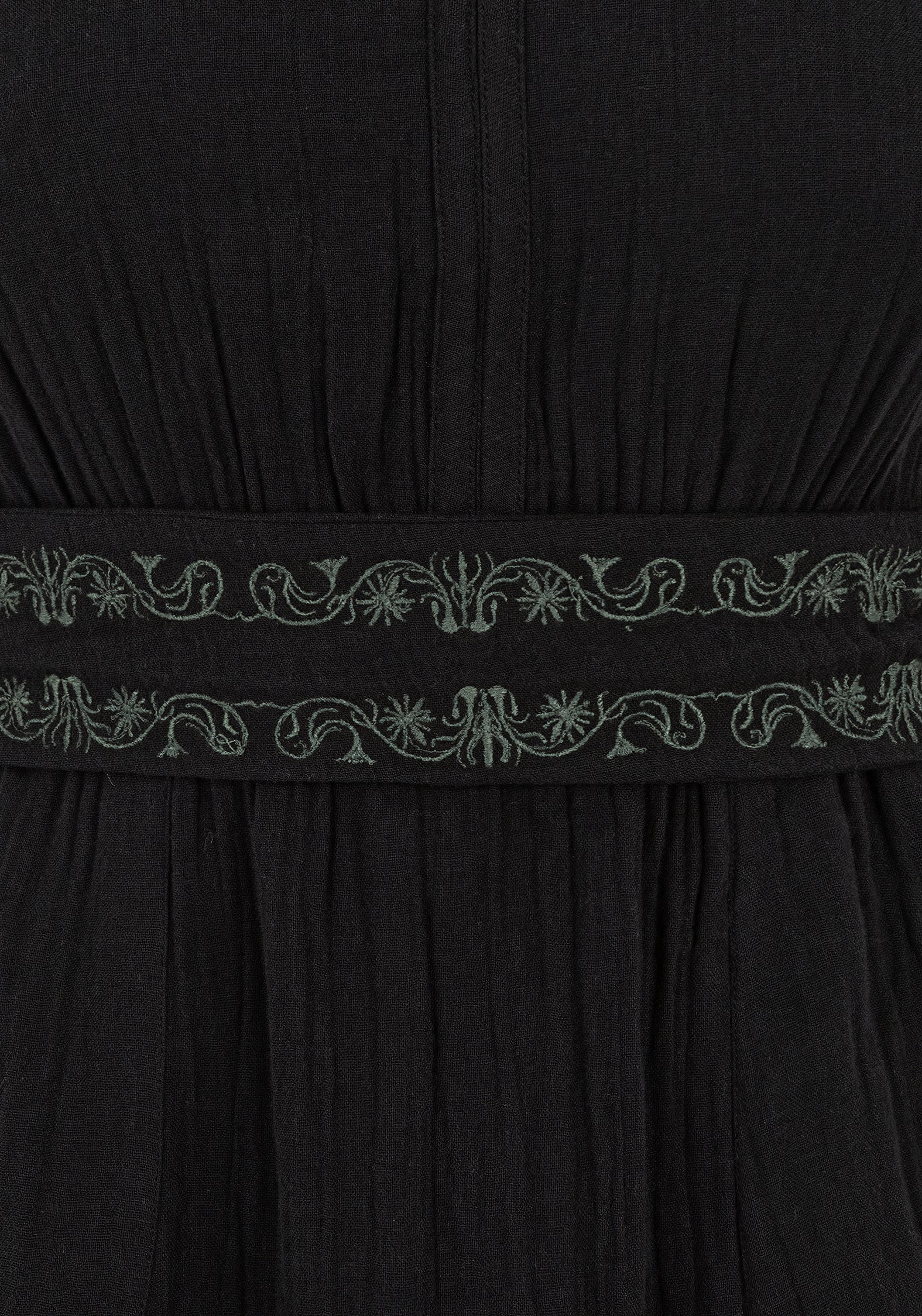Black Embroidered Cotton Midi Dress with Belt & Pockets | Poultice