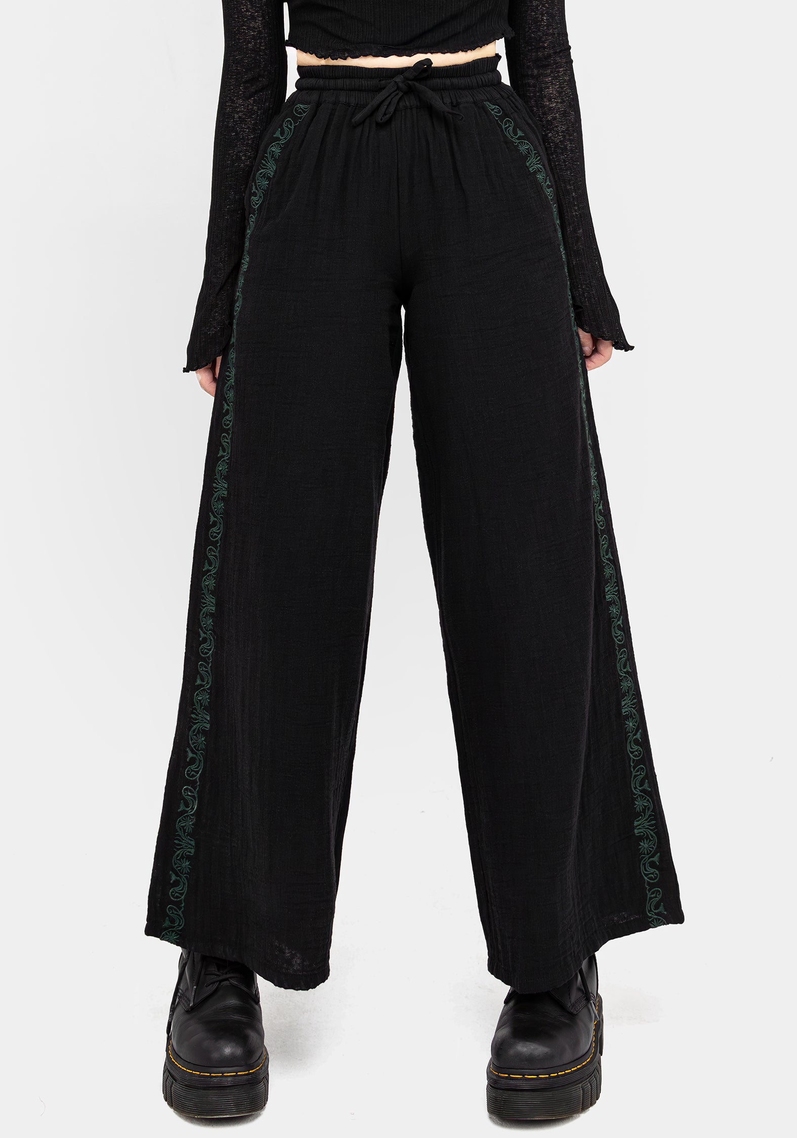 Embroidered Cotton Trousers for Women | Wide Leg & Elastic Waist