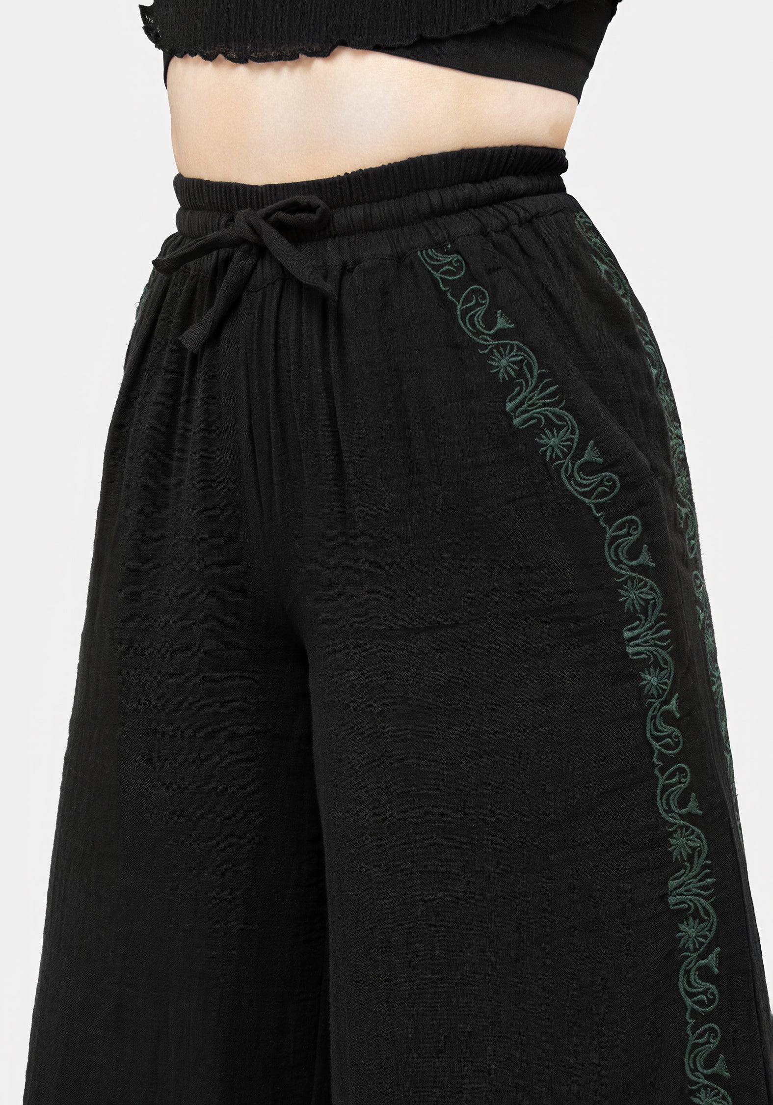 Embroidered Cotton Trousers for Women | Wide Leg & Elastic Waist