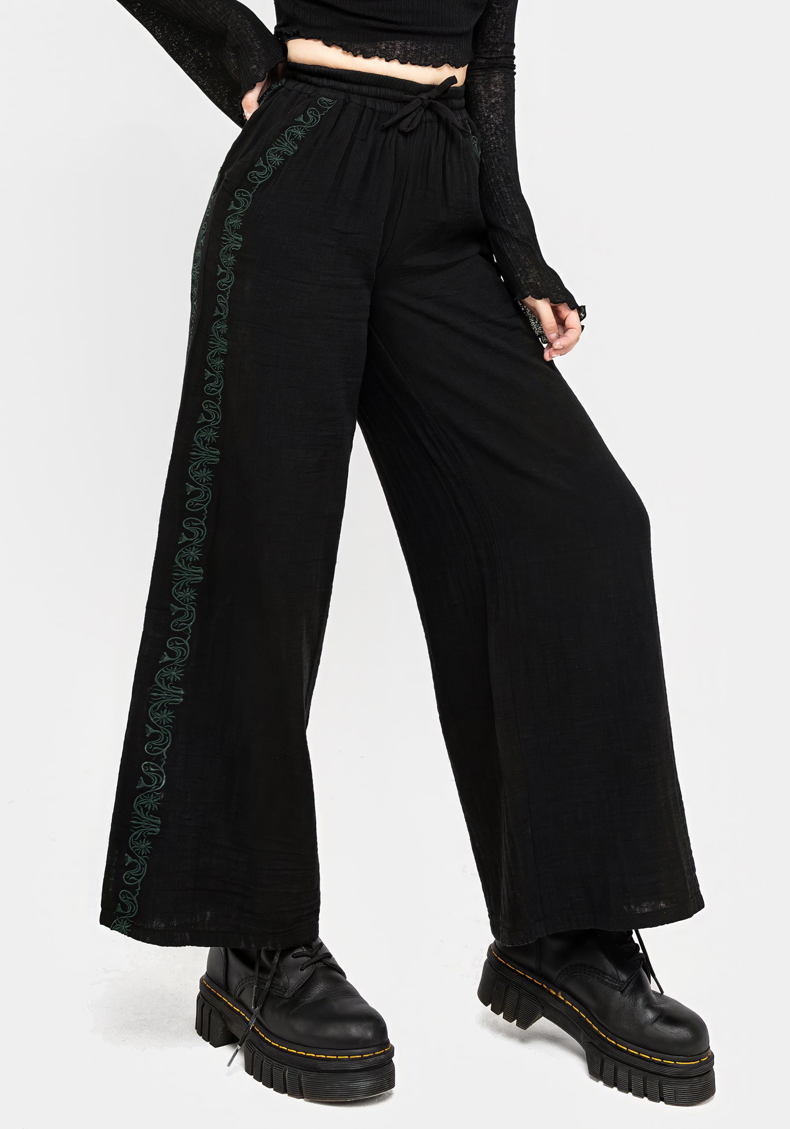 Embroidered Cotton Trousers for Women | Wide Leg & Elastic Waist