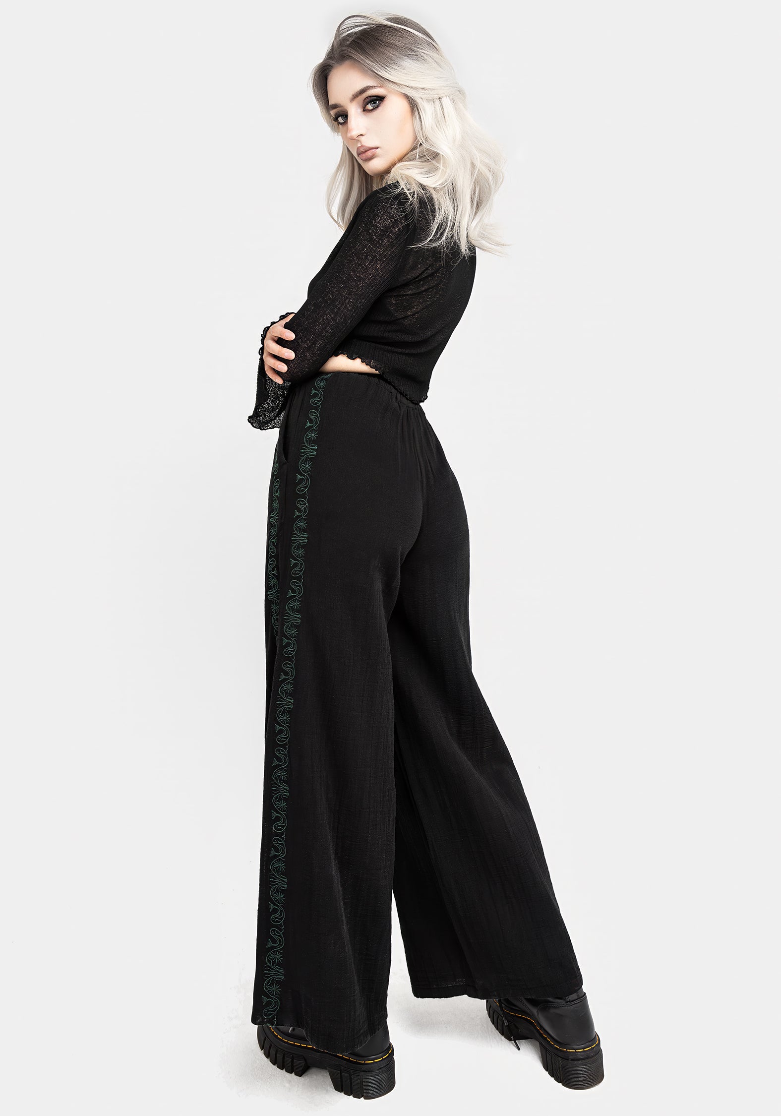 Embroidered Cotton Trousers for Women | Wide Leg & Elastic Waist