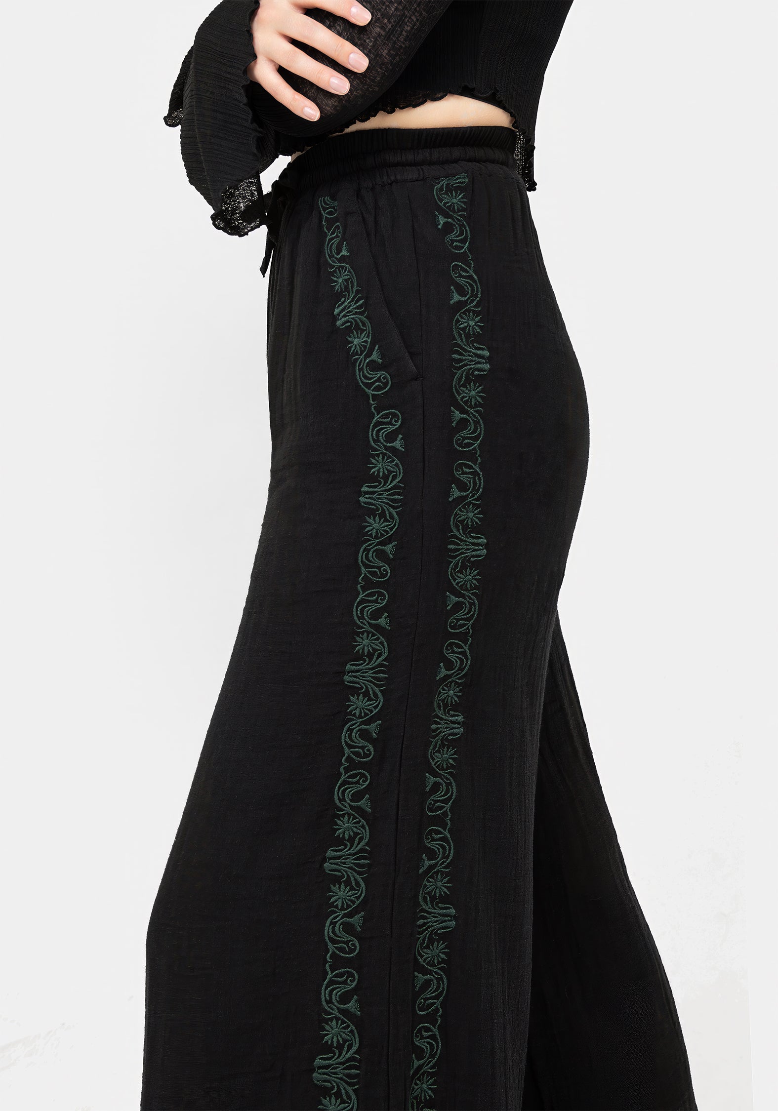 Embroidered Cotton Trousers for Women | Wide Leg & Elastic Waist