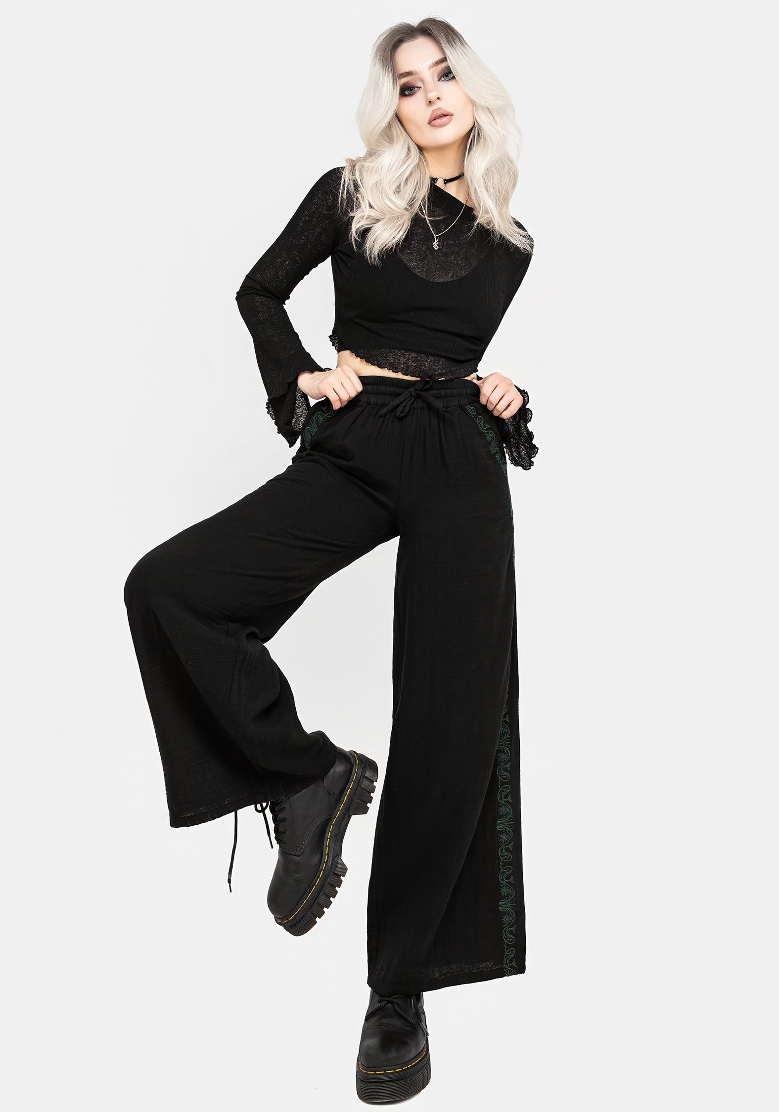 Embroidered Cotton Trousers for Women | Wide Leg & Elastic Waist
