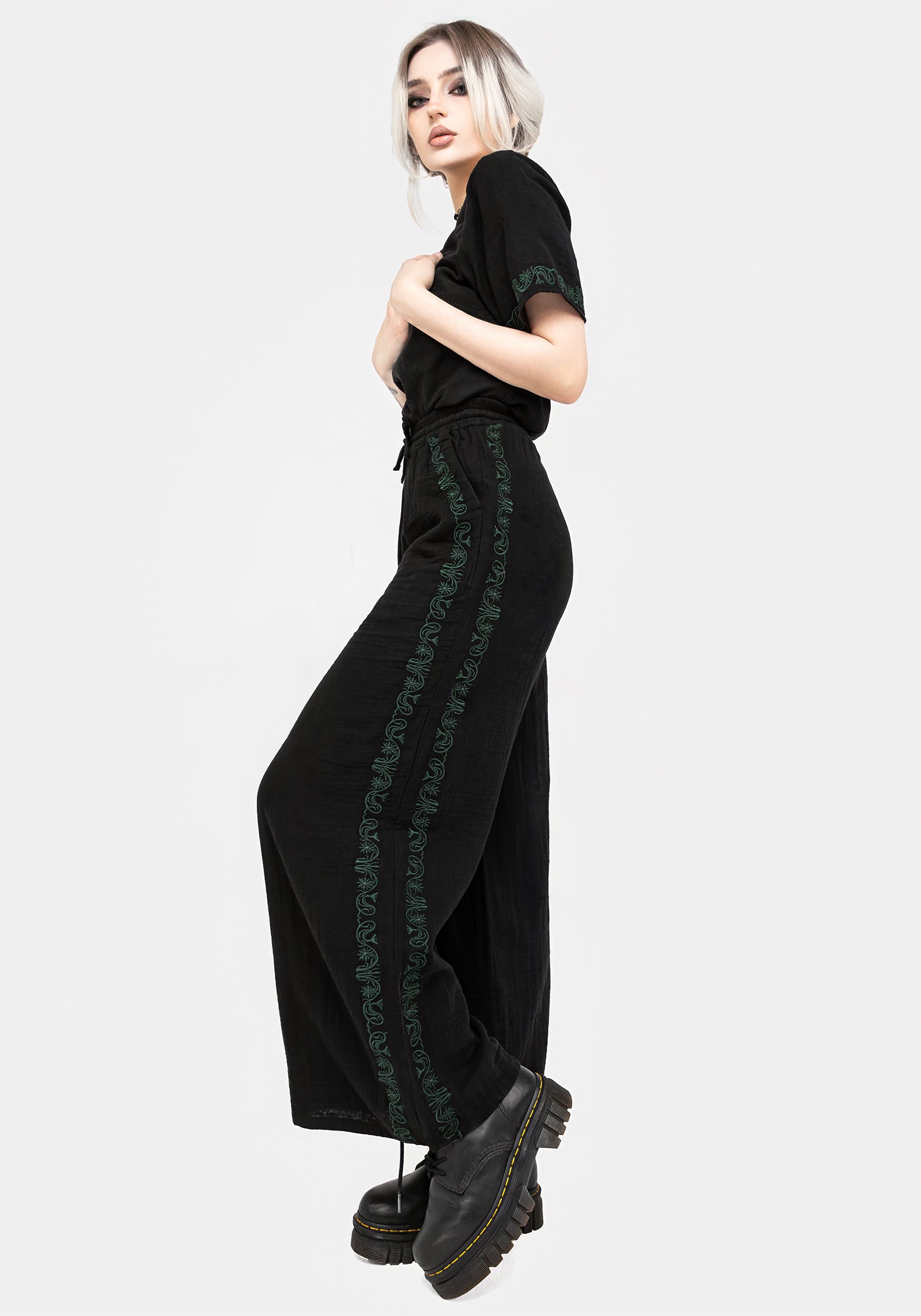 Embroidered Cotton Trousers for Women | Wide Leg & Elastic Waist