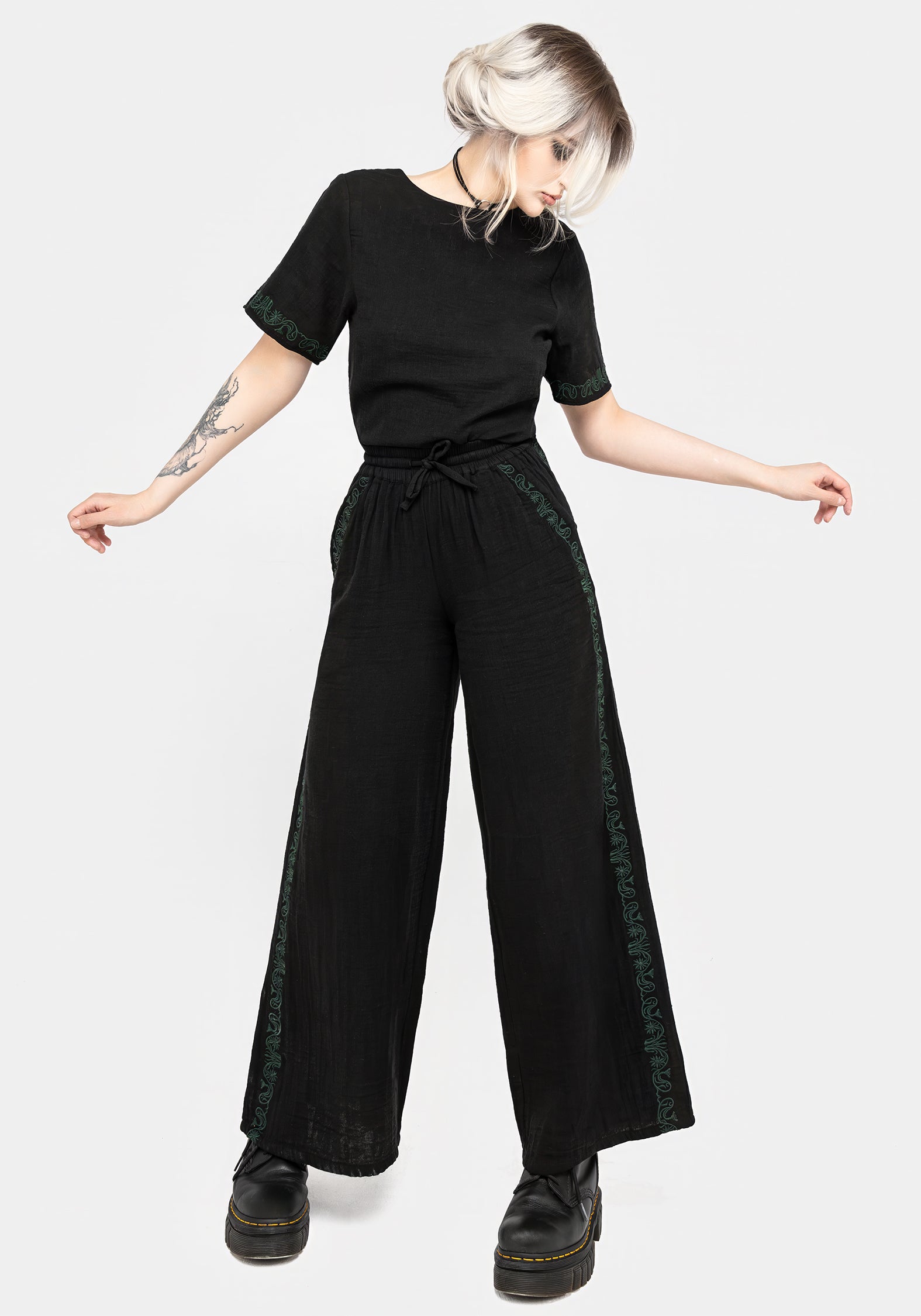 Embroidered Cotton Trousers for Women | Wide Leg & Elastic Waist