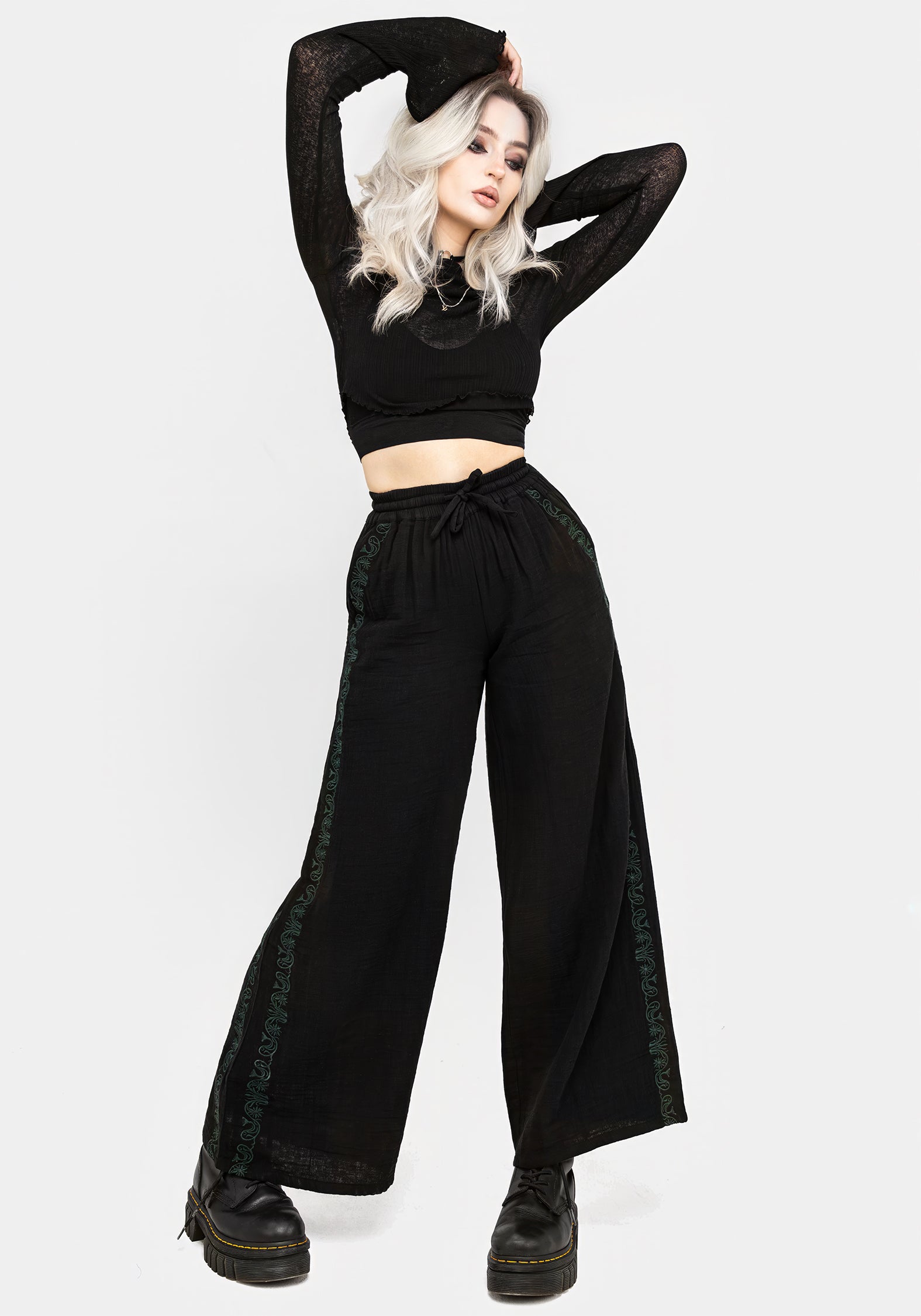 Embroidered Cotton Trousers for Women | Wide Leg & Elastic Waist