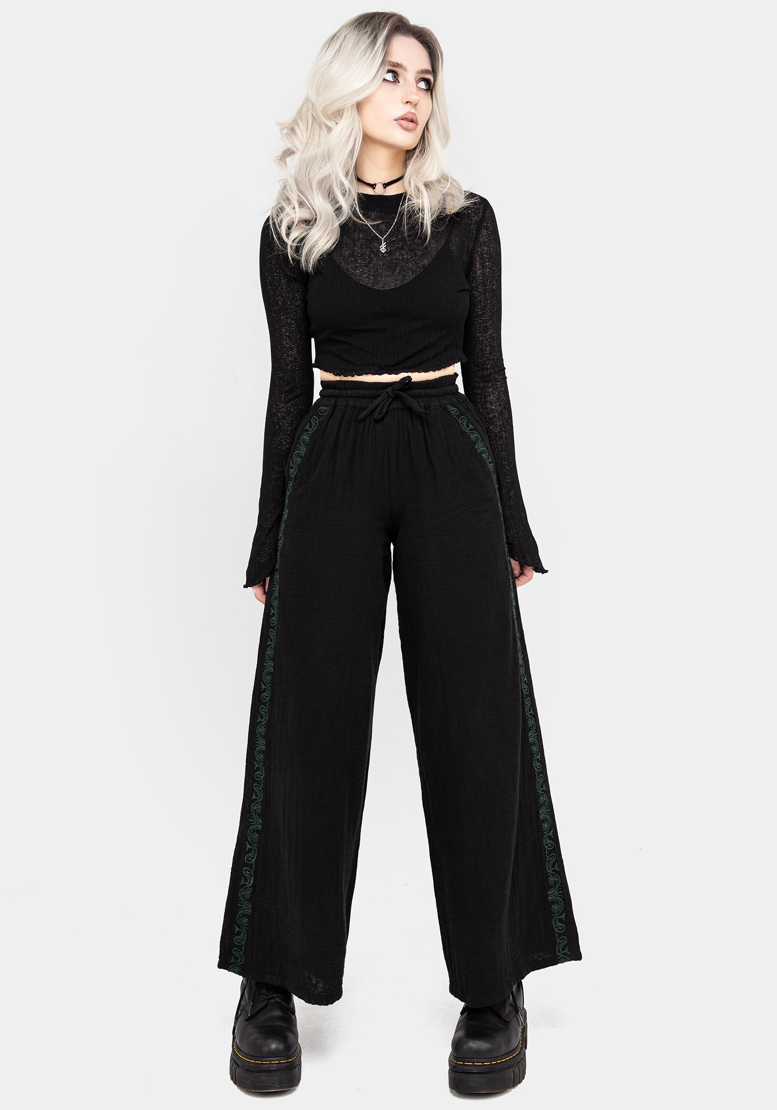 Embroidered Cotton Trousers for Women | Wide Leg & Elastic Waist