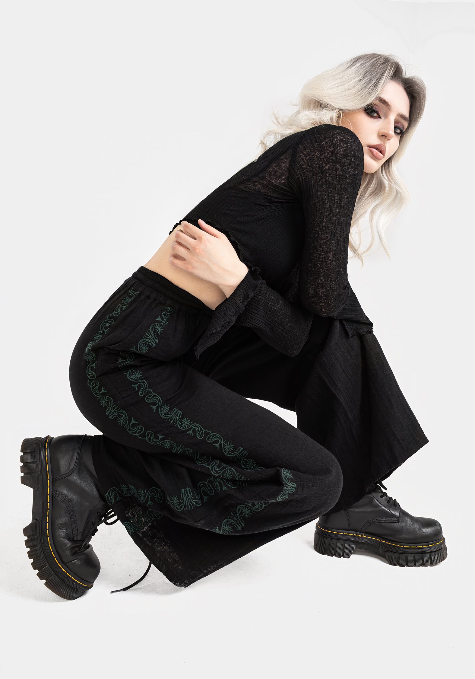 Embroidered Cotton Trousers for Women | Wide Leg & Elastic Waist