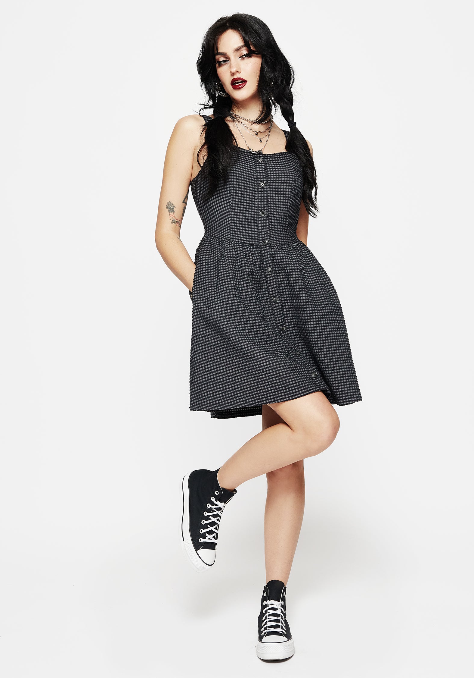 Black & Grey Gingham Check Apron Dress with Pockets | Faythe