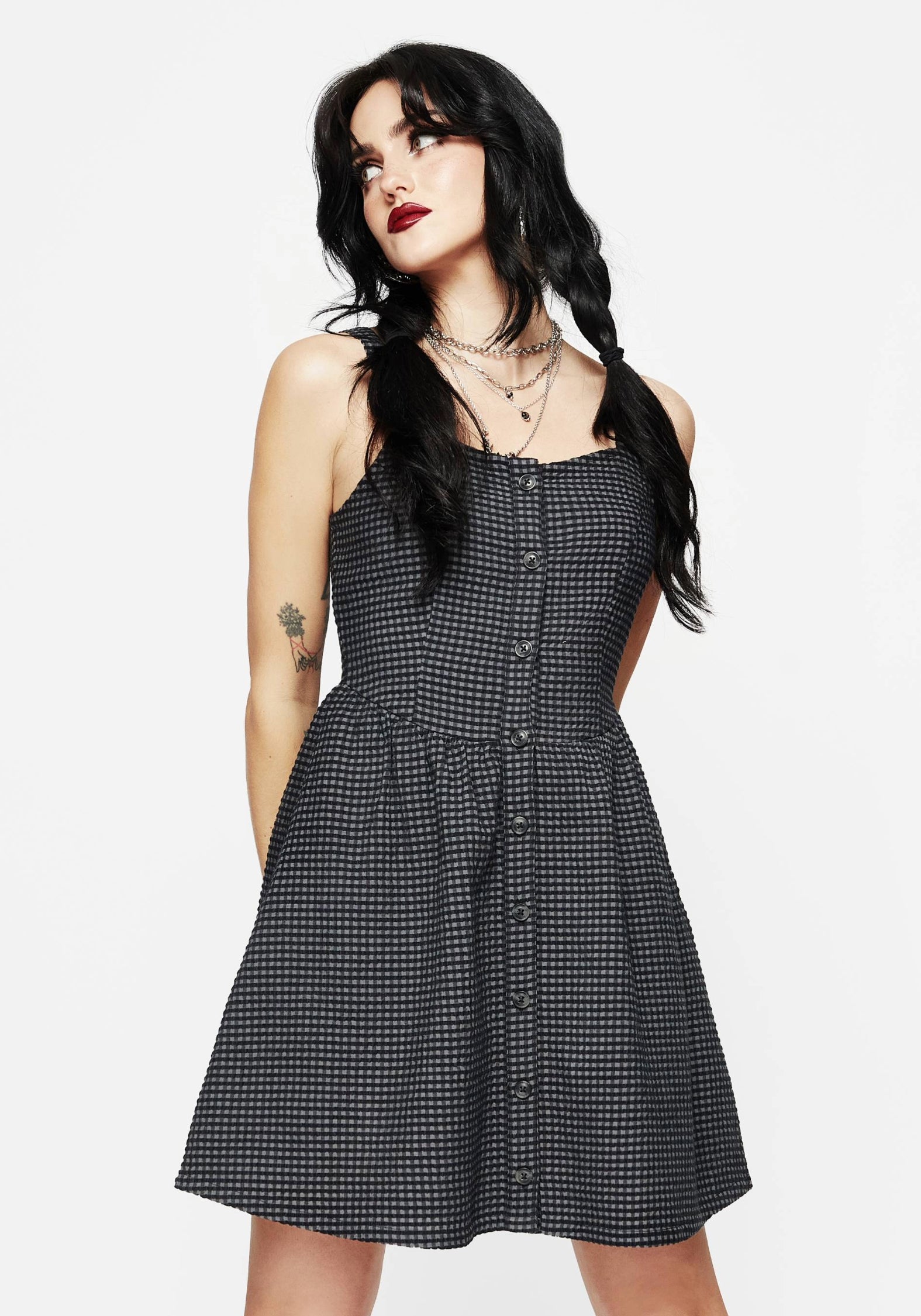 Black & Grey Gingham Check Apron Dress with Pockets | Faythe