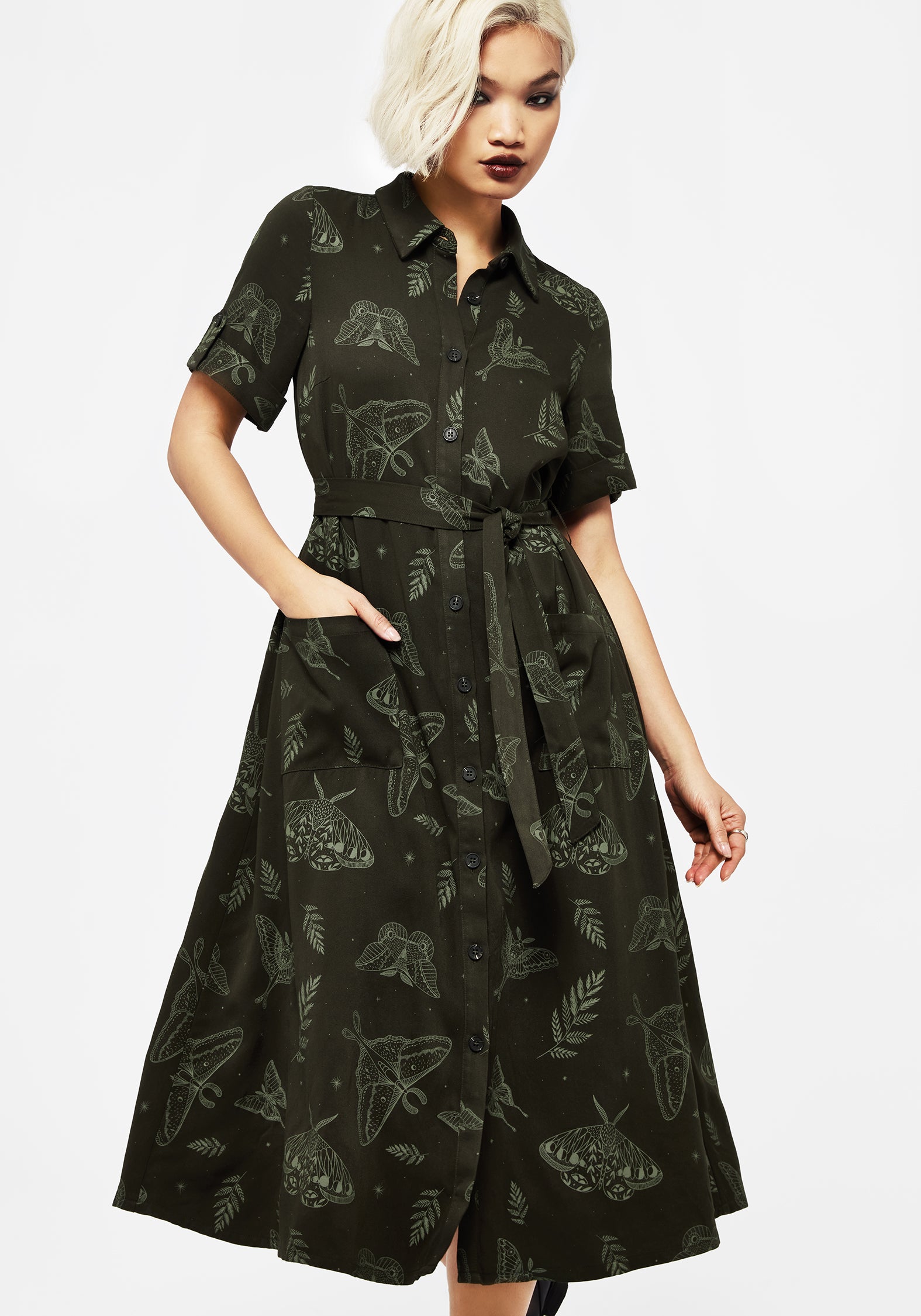 Green Moth Print Midi Shirt Dress with Belt & Pockets | Callopistria