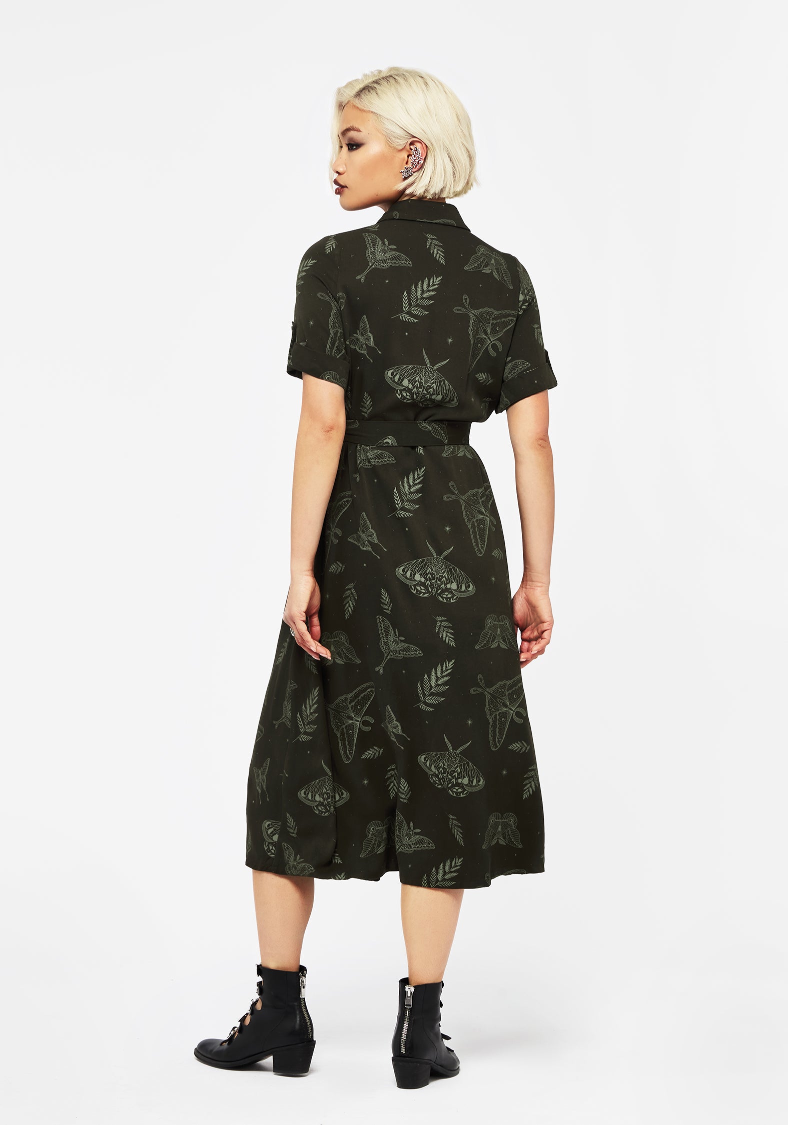 Green Moth Print Midi Shirt Dress with Belt & Pockets | Callopistria
