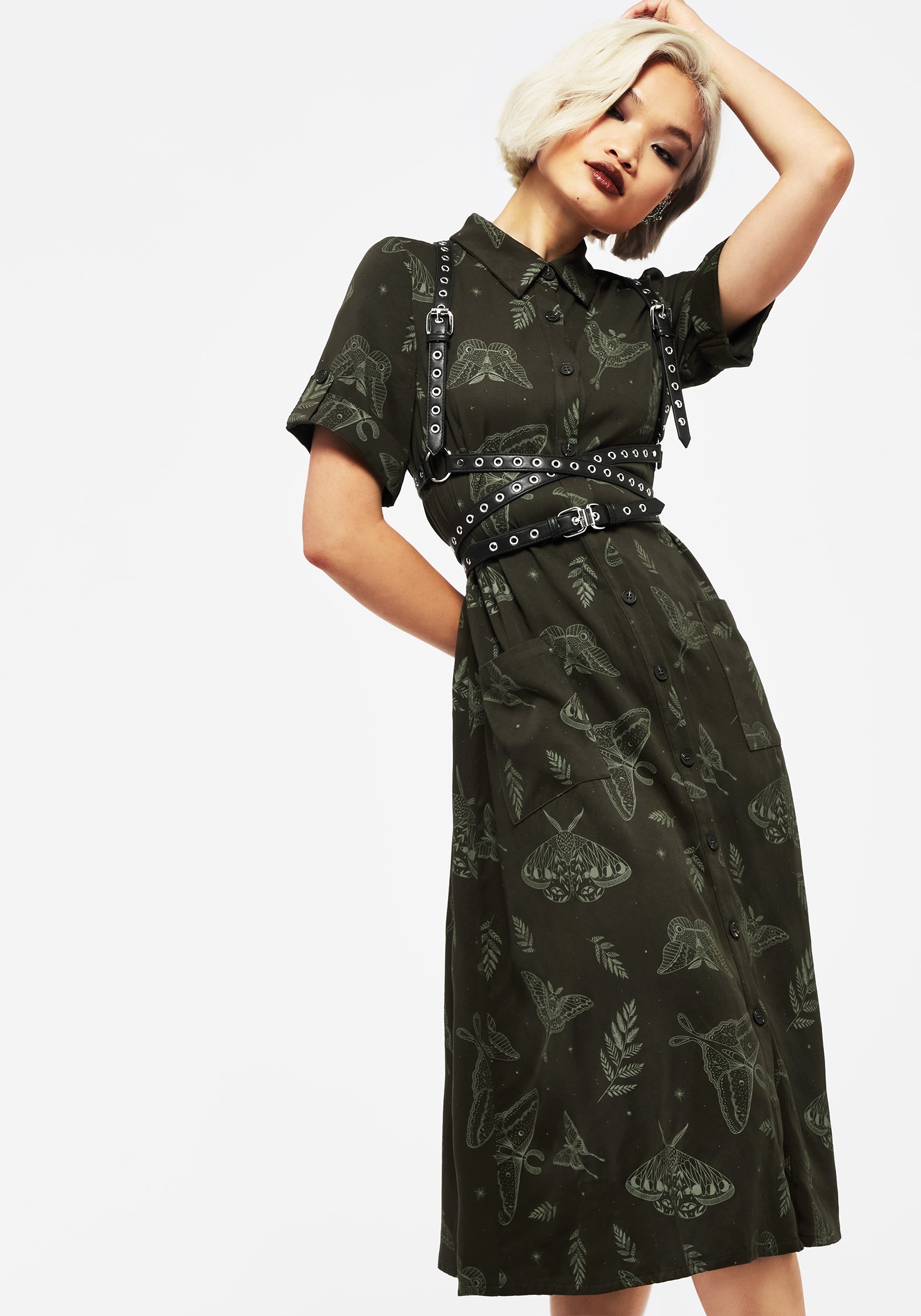 Green Moth Print Midi Shirt Dress with Belt & Pockets | Callopistria