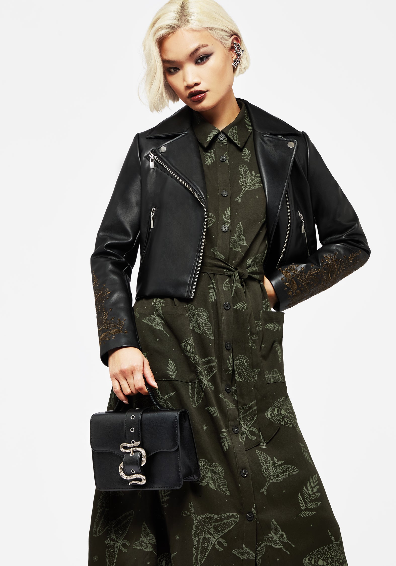 Green Moth Print Midi Shirt Dress with Belt & Pockets | Callopistria
