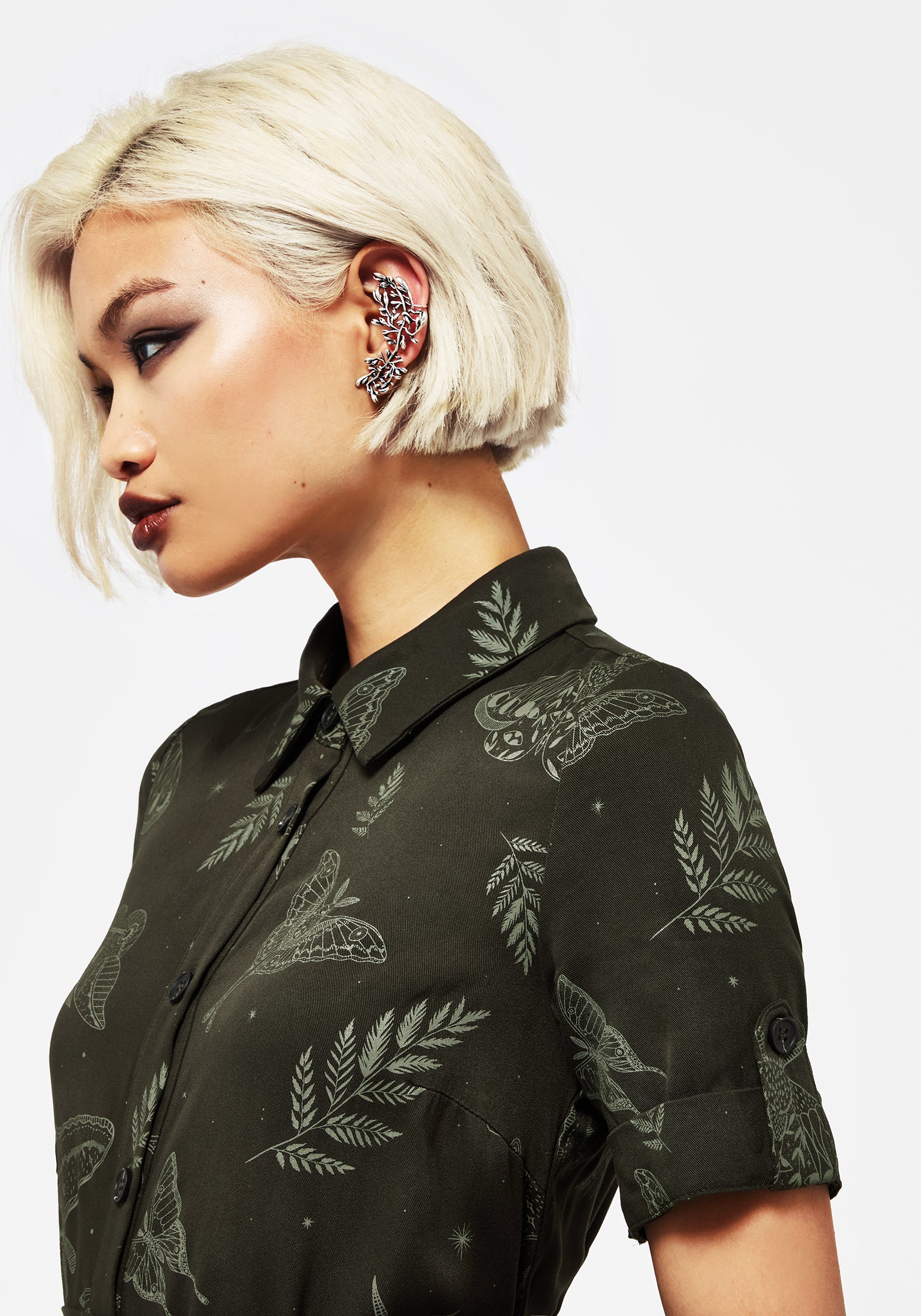 Green Moth Print Midi Shirt Dress with Belt & Pockets | Callopistria