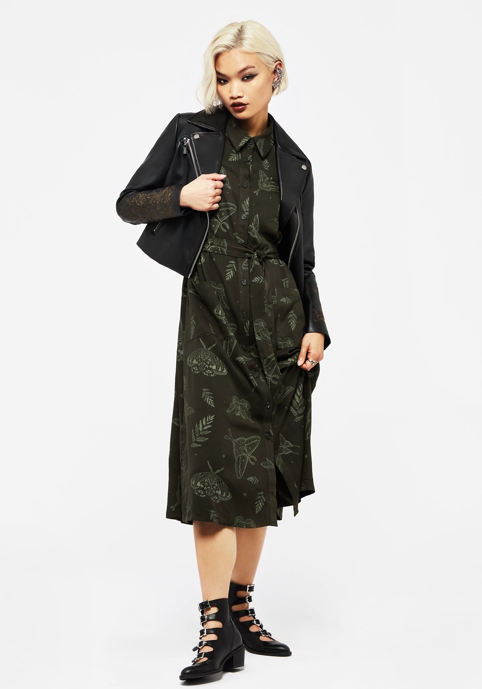 Green Moth Print Midi Shirt Dress with Belt & Pockets | Callopistria