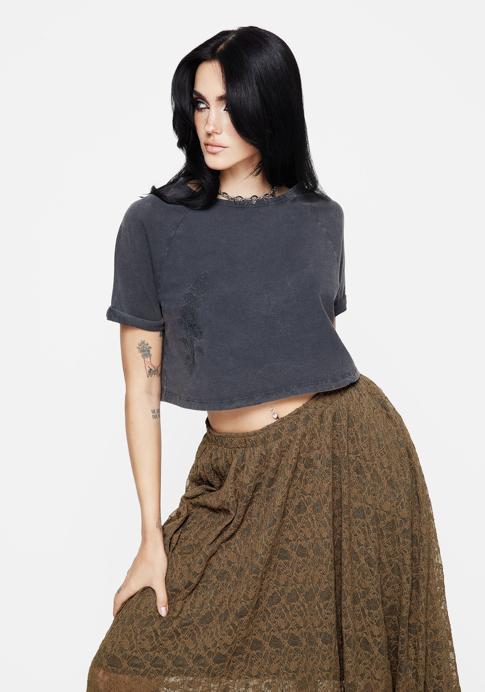 Embroidered Cotton Crop Tee | Foxglove Boxy Top