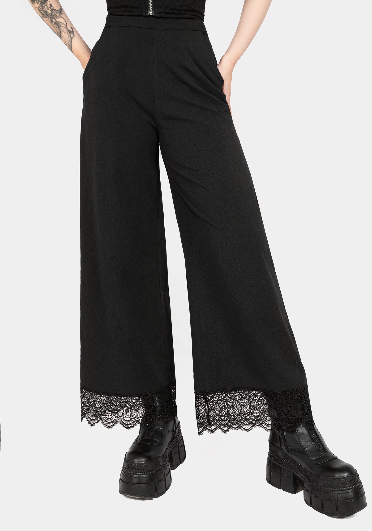 Black Wide Leg Trousers with Lace Hem | Araneo