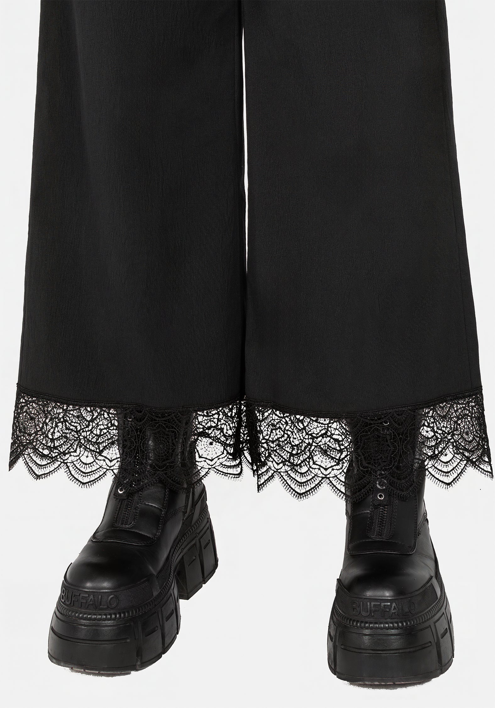 Black Wide Leg Trousers with Lace Hem | Araneo