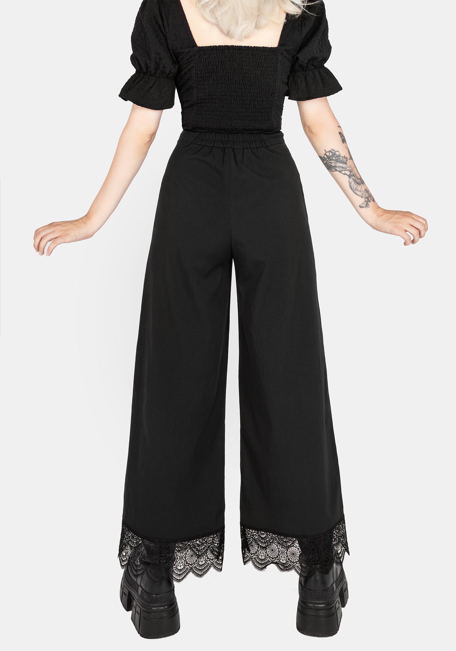 Black Wide Leg Trousers with Lace Hem | Araneo