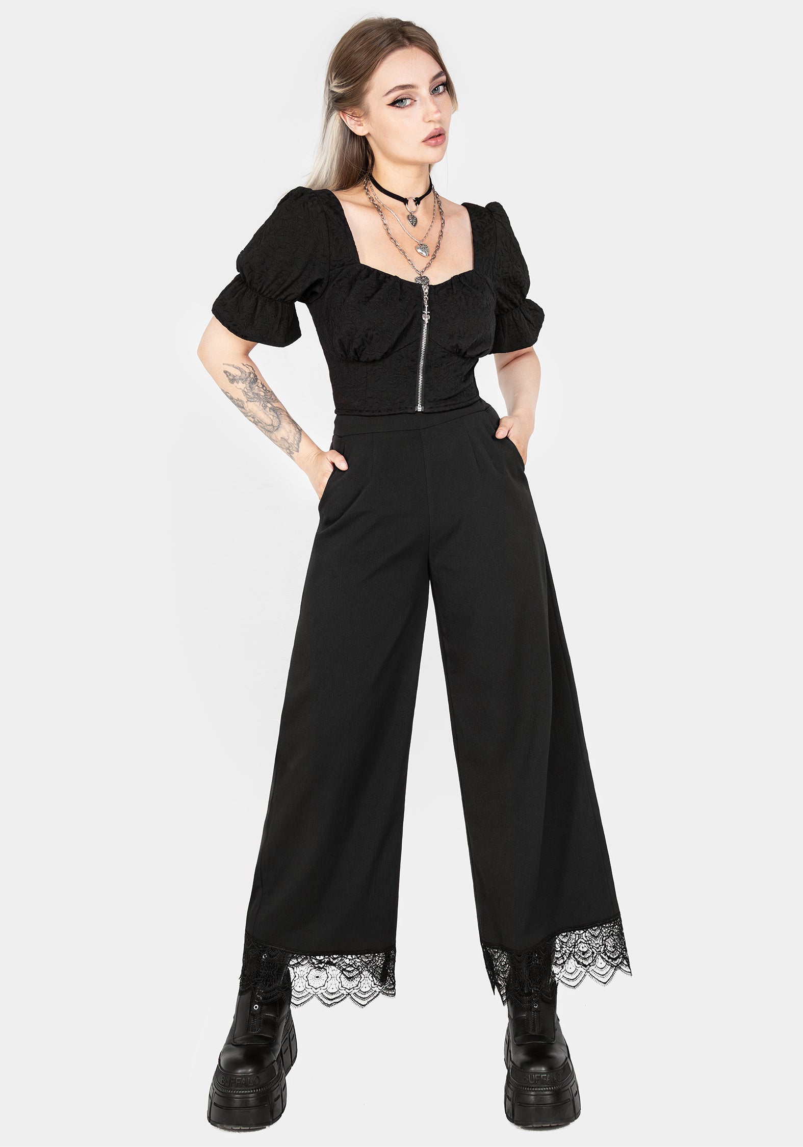 Black Wide Leg Trousers with Lace Hem | Araneo