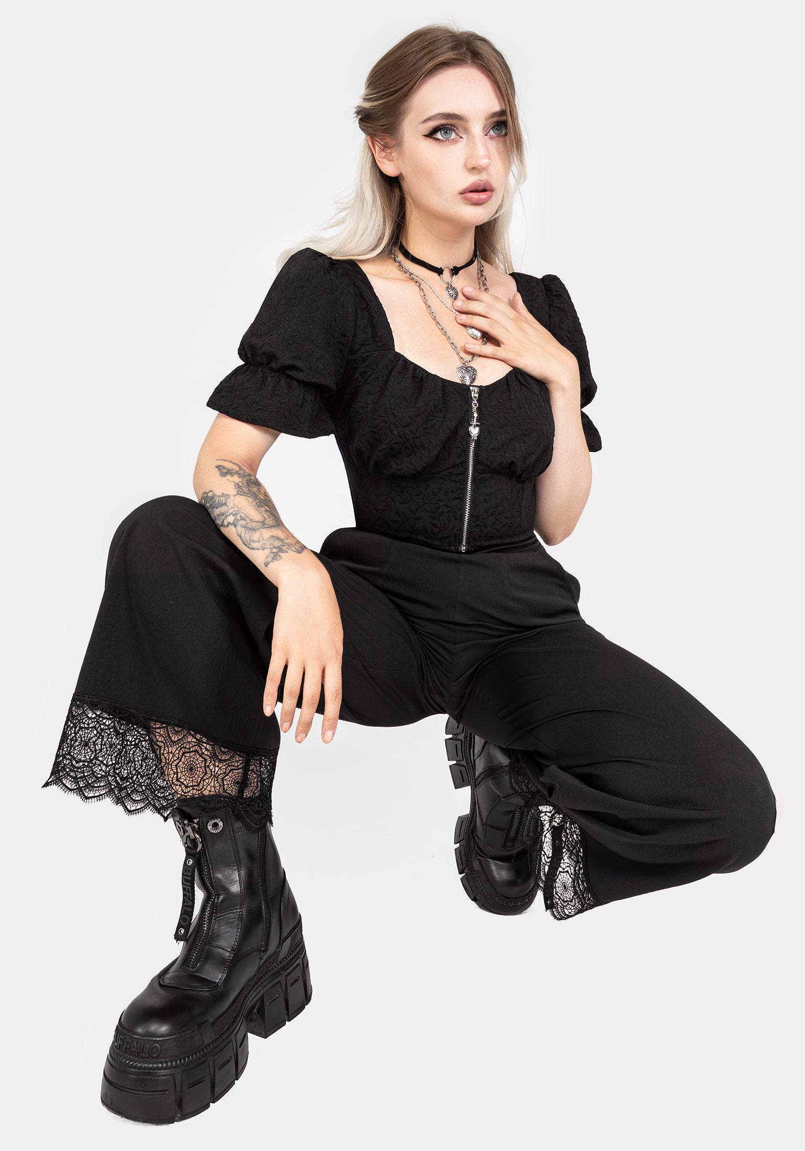 Black Wide Leg Trousers with Lace Hem | Araneo