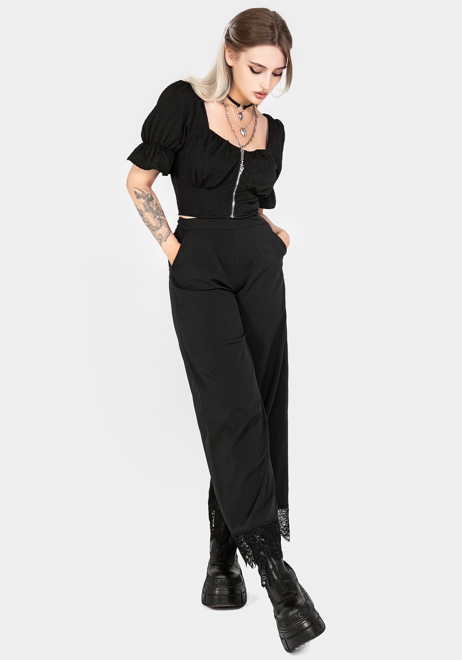 Black Wide Leg Trousers with Lace Hem | Araneo