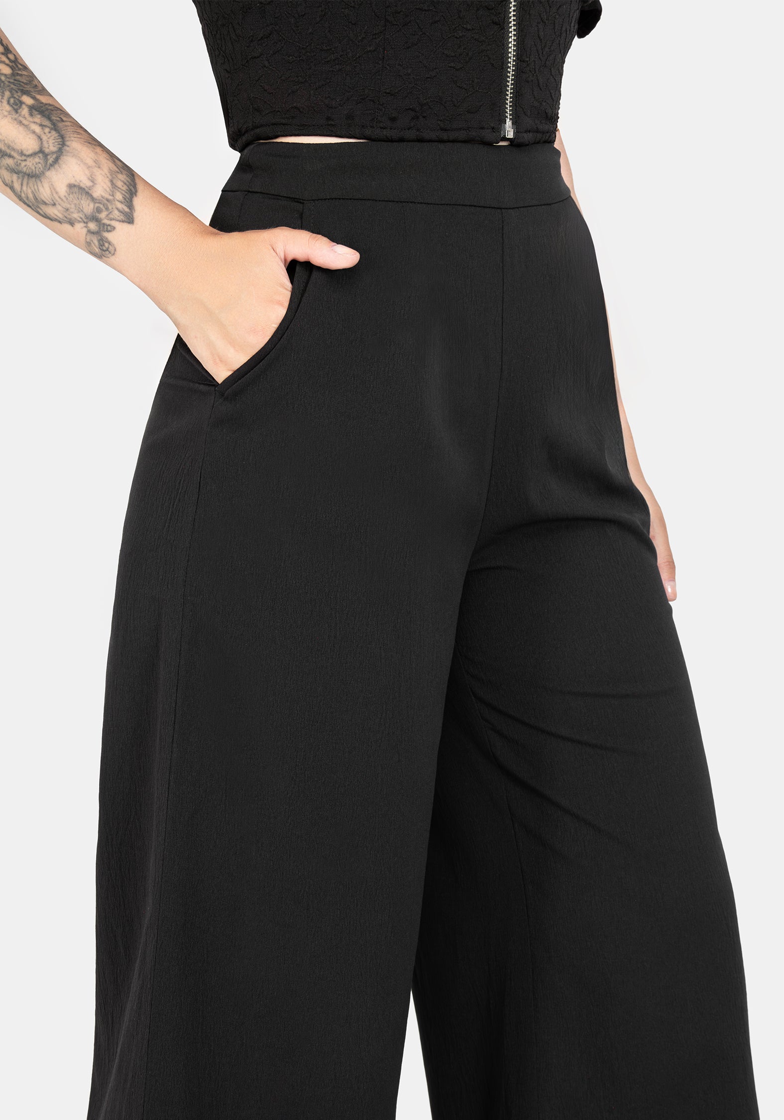 Black Wide Leg Trousers with Lace Hem | Araneo