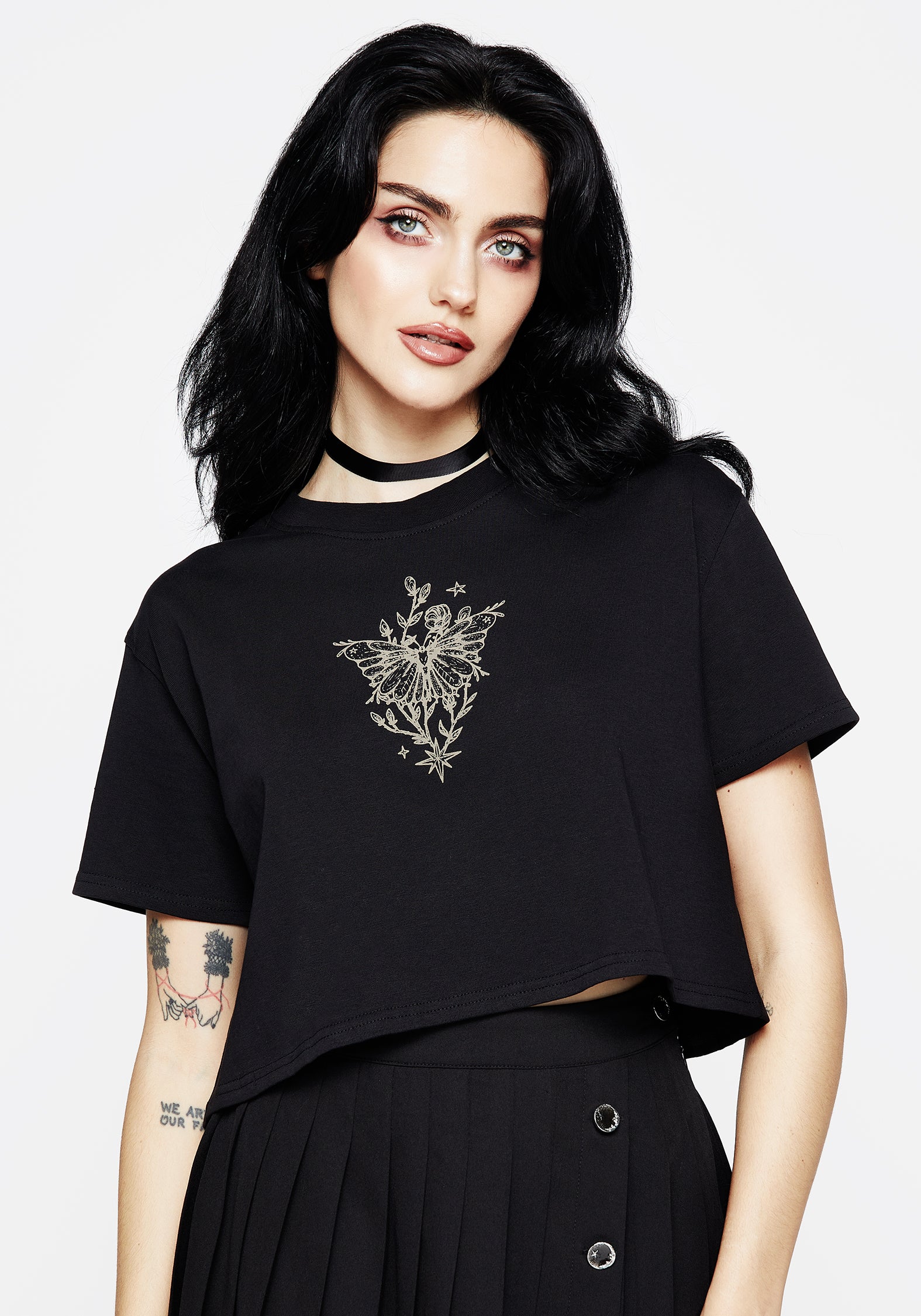 Black Moth Graphic Print Boxy Crop Tee | Soft Cotton Jersey
